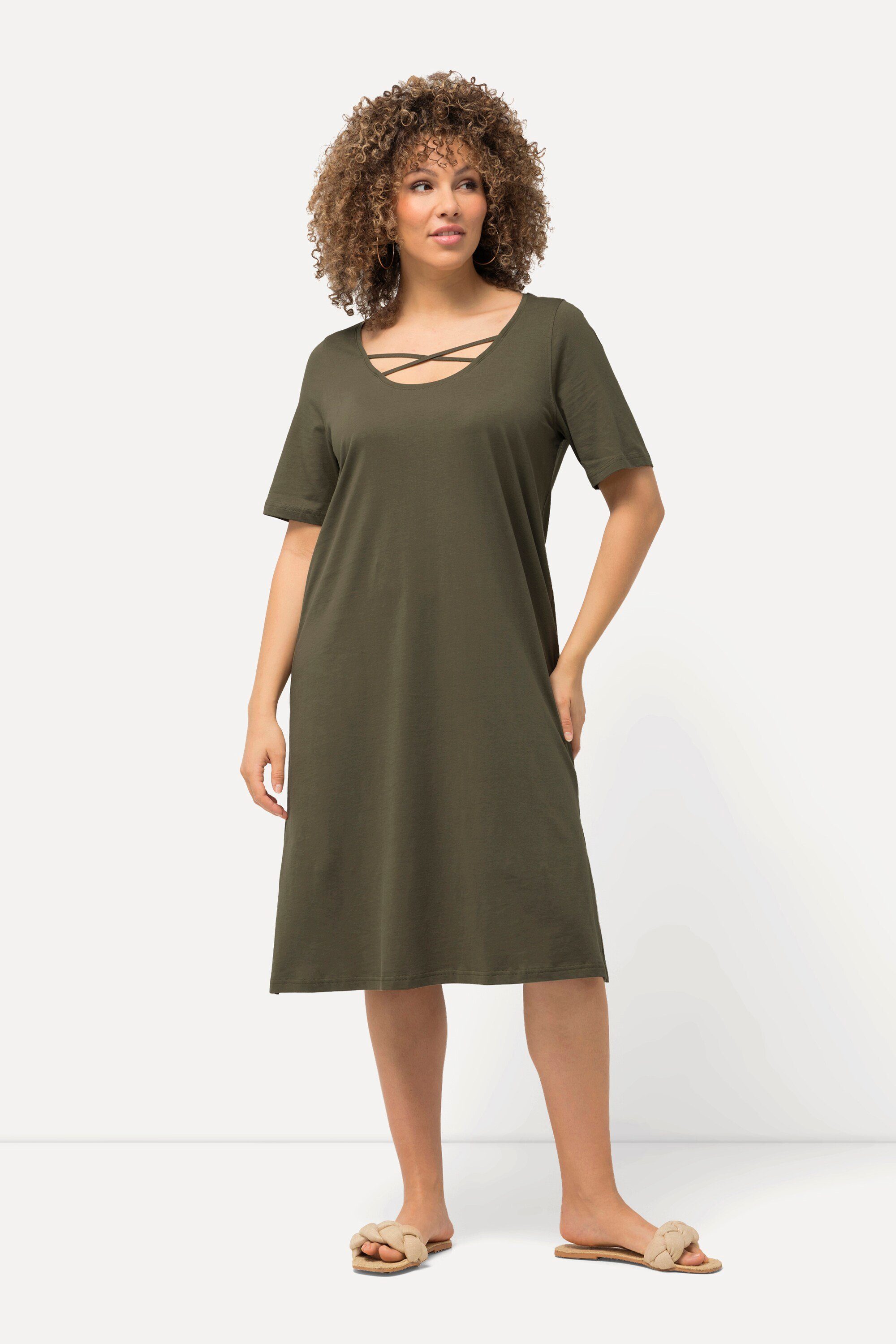 Ulla Popken Sommerkleid Jerseykleid Zierbänder A-Linie Rundhals Halbarm