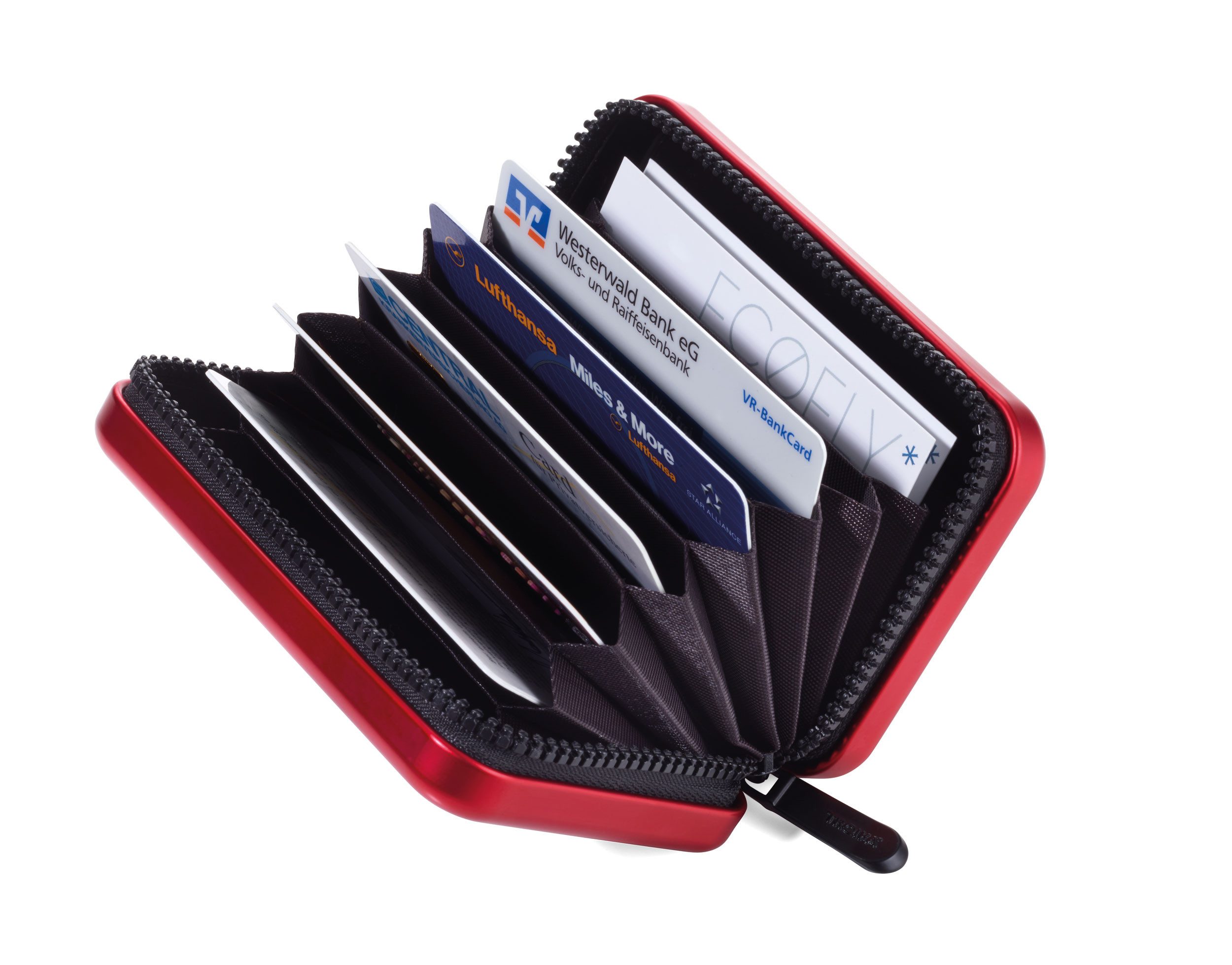 TROIKA Kartenetui Aluminium mit Schutz vor Datendiebstahl – Kartenetui im Koffer-Design (9 Fächern für bis zu 20 Karten), Cardholder in verschiedenen Farben, RFID Schutz, 10,5 x 7 x 3 cm