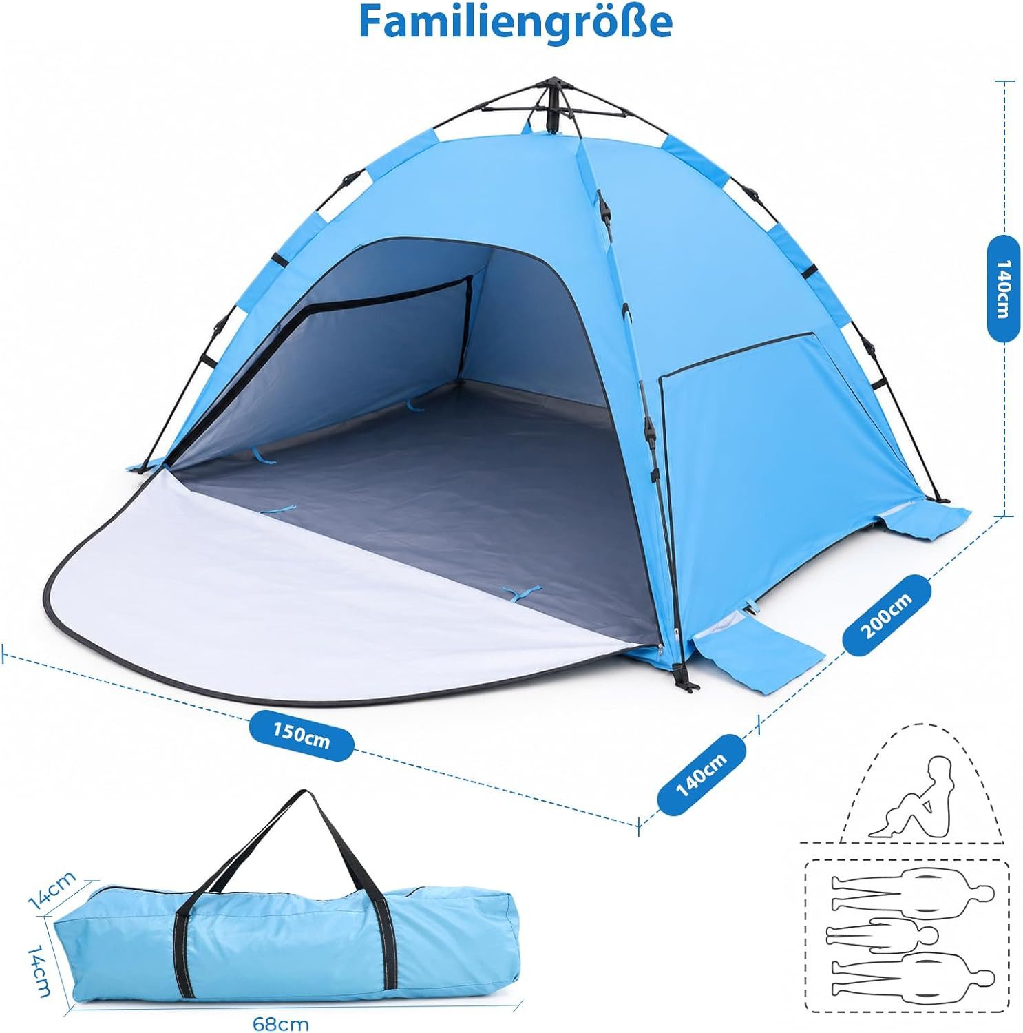 SURFOU Strandmuschel Pop Up Strandmuschel UV50+ für 2-3 Personen Blau