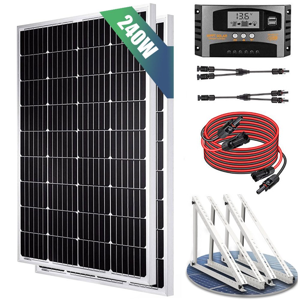 Rhein Beleuchtung Solarmodul 240W 12V Solar Komplettset Plug & Play für Dach Wohnmobil Boot, 240 W, Monokristallin, (1-St., Inkl. Y-Kabel MC4 Stecker Alu Rahmen schwarz spritzwassergeschützt), 2x120W Halbzellen IP65 wasserdicht 40A MPPT Regler hohe Leistung
