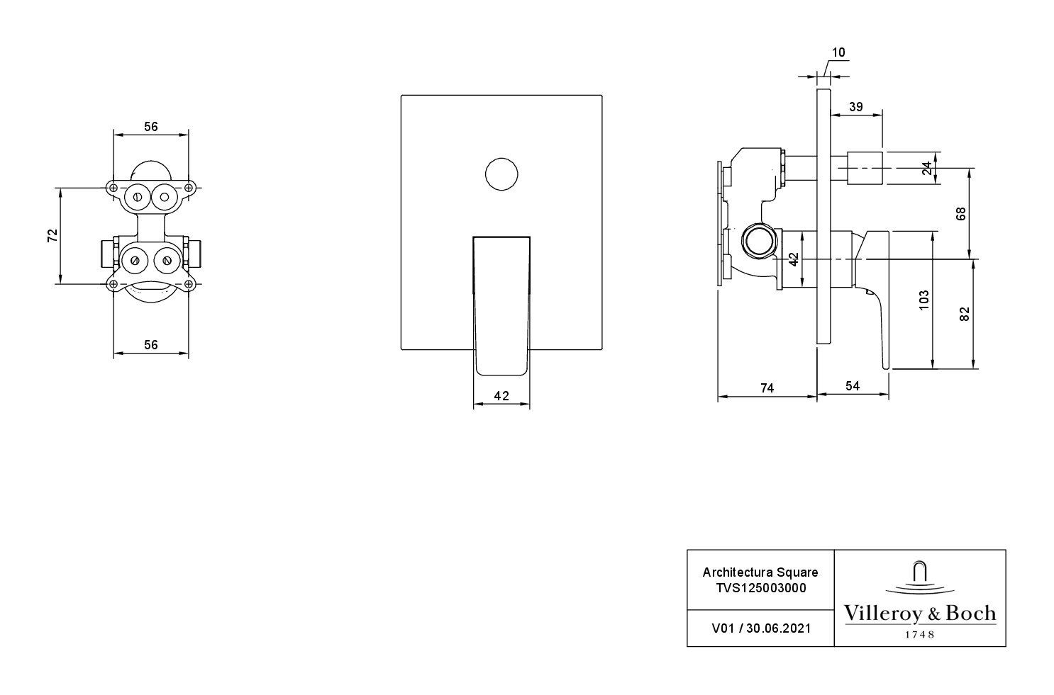 Boch Wandmontage mit Umsteller, Unterputzarmatur - Villeroy Chrom & Unterputz-Einhebel-Armatur, Architectura Square