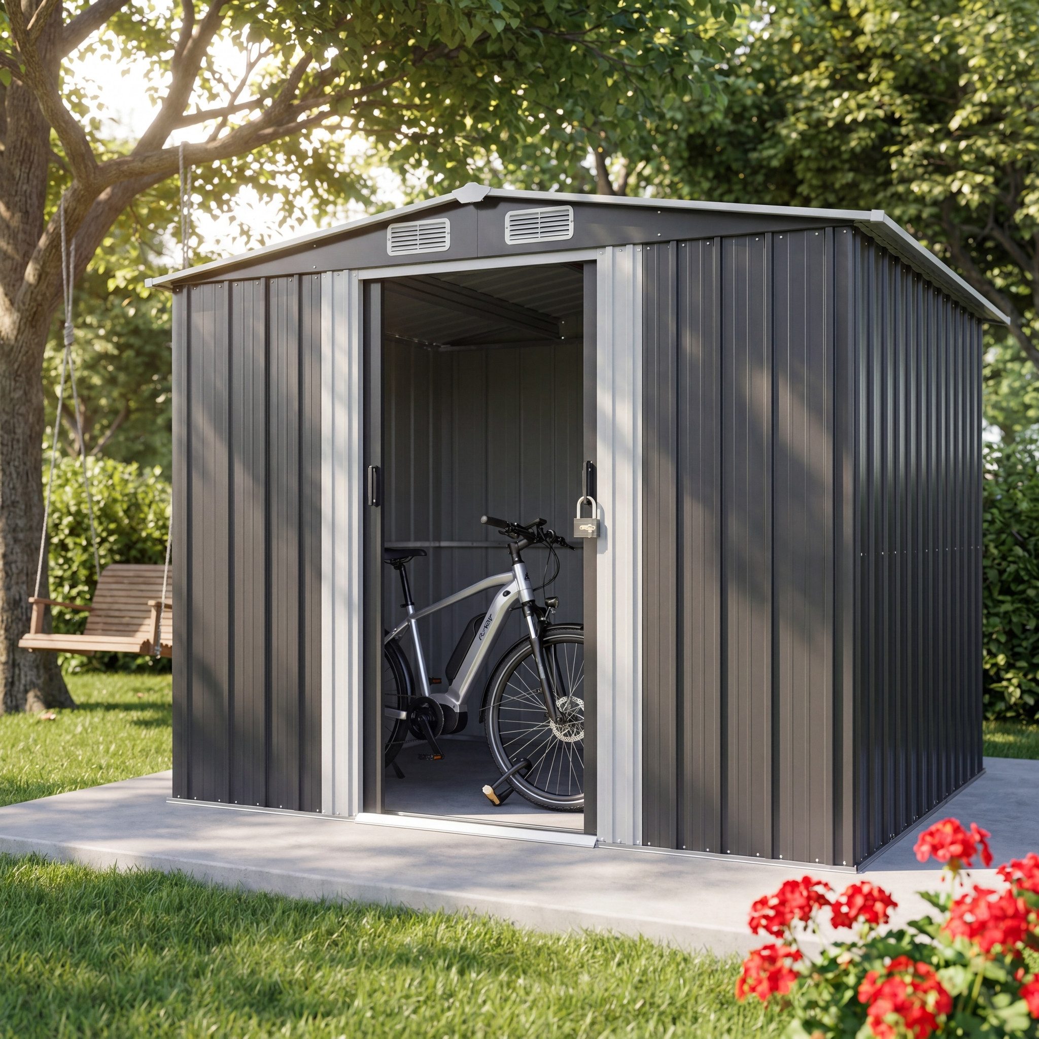 GUNJI Gerätehaus Metall Geräteschuppen Inkl. Stahlfundament, Gartenhaus mit Pultdach, M: 1,8m x 1,1m, L: 2.3m x 2m, XL: 2.4m x 3m, Doppelschiebetür