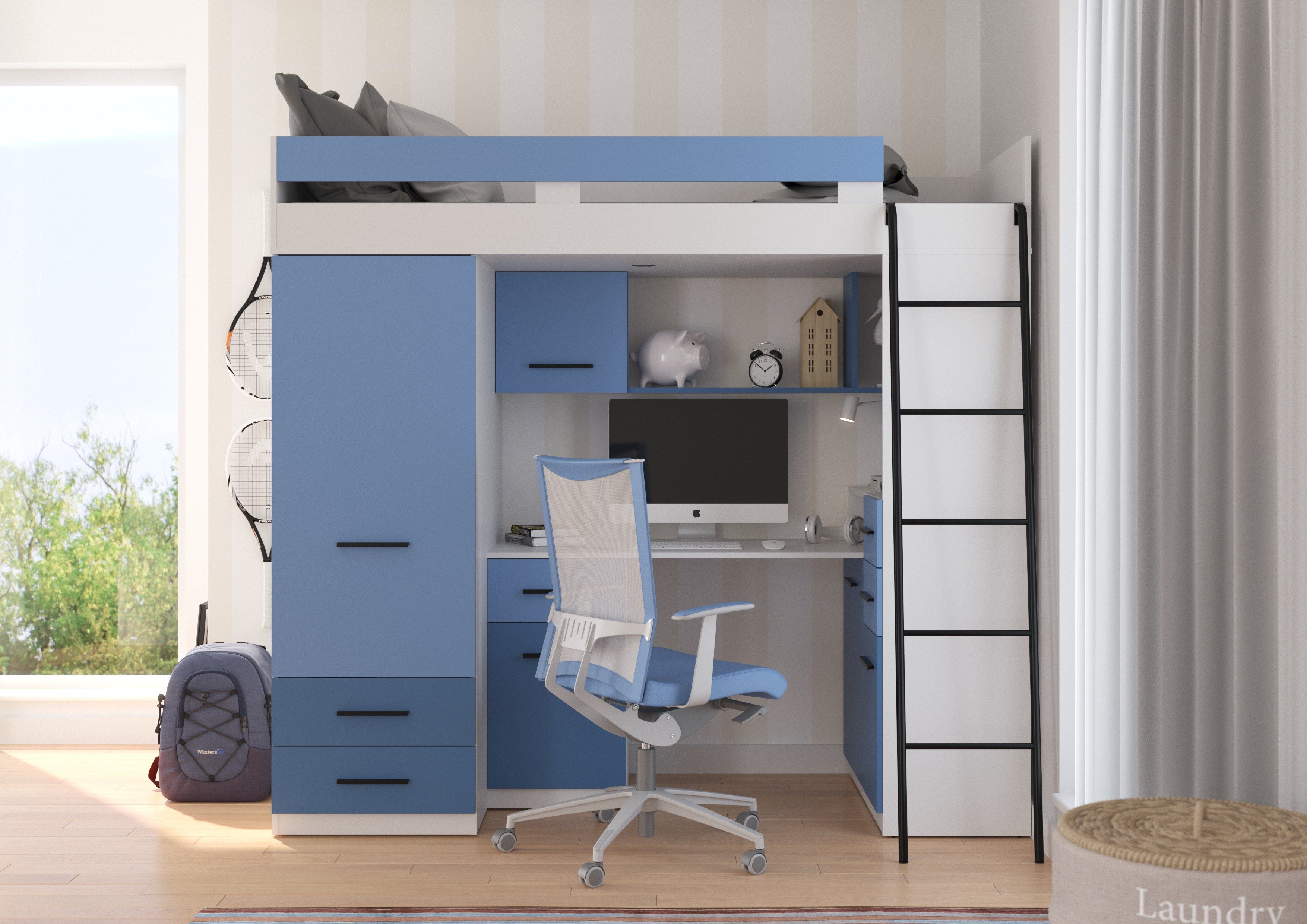 Schreibtisch, Hochbett Weiß Regal, integrierte Spiegel Tremosina Breite Hochbett Matt Domando Himmelblau und Schränke, 204cm,