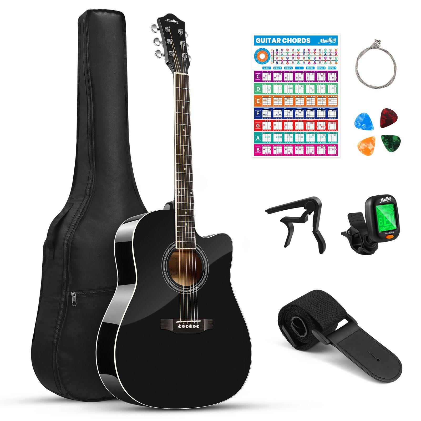 Moukey Akustikgitarre Akustische Gitarre Cutaway 41 Zoll MBG-01, Für Anfänger,Vollgröße