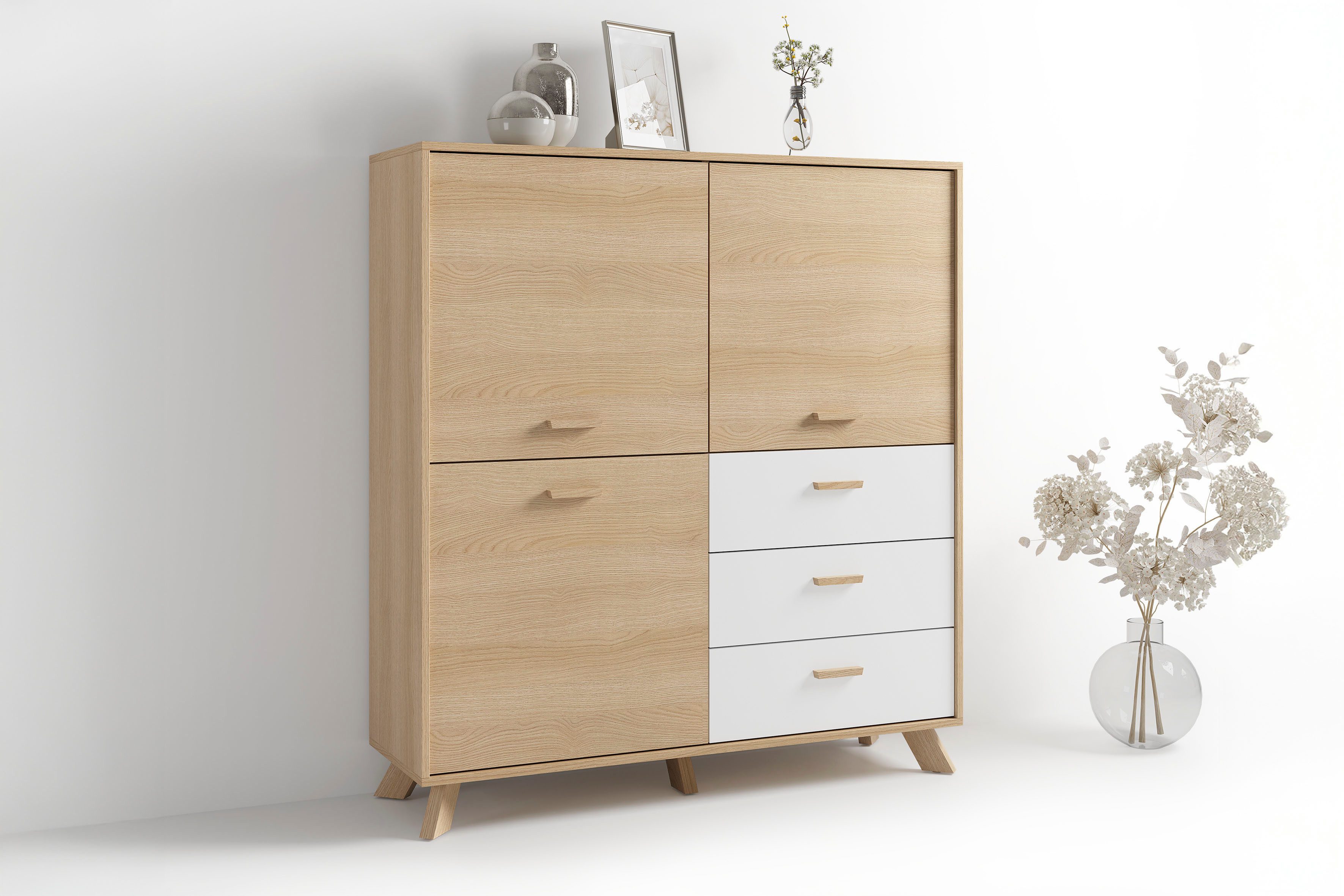 byLIVING Highboard Bastian (1 St), mit massiven Holzfüßen und Griffen, natürlicher Eichenlook, 120cm