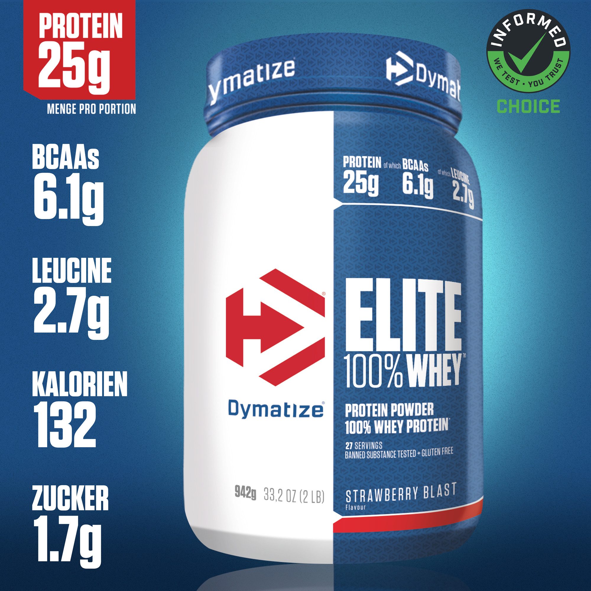 Dymatize Whey Protein Pulver Shake Elite 100% Isolat Strawberry Blast 942 g Pulver, 942 g