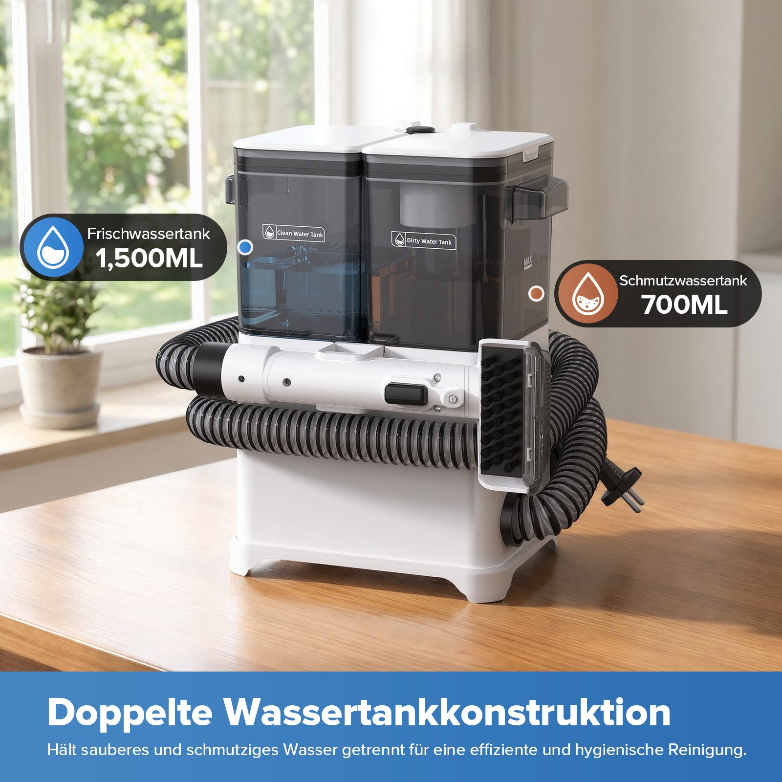lubluelu Teppichreinigungsgerät V3 Polsterreiniger Gerät Waschsauger 12000Pa Fleckenreiniger 3in1, 450 W, beutellos, für Teppiche, Polster, Sofa, Auto, Flecken / Dual-Tank-Technologie