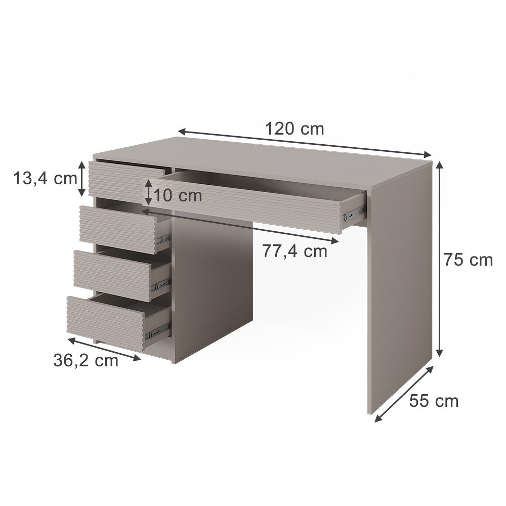 Vicco Schreibtisch Sherry, Cashmere, 55 x 120 cm mit Schubladen (1-St)
