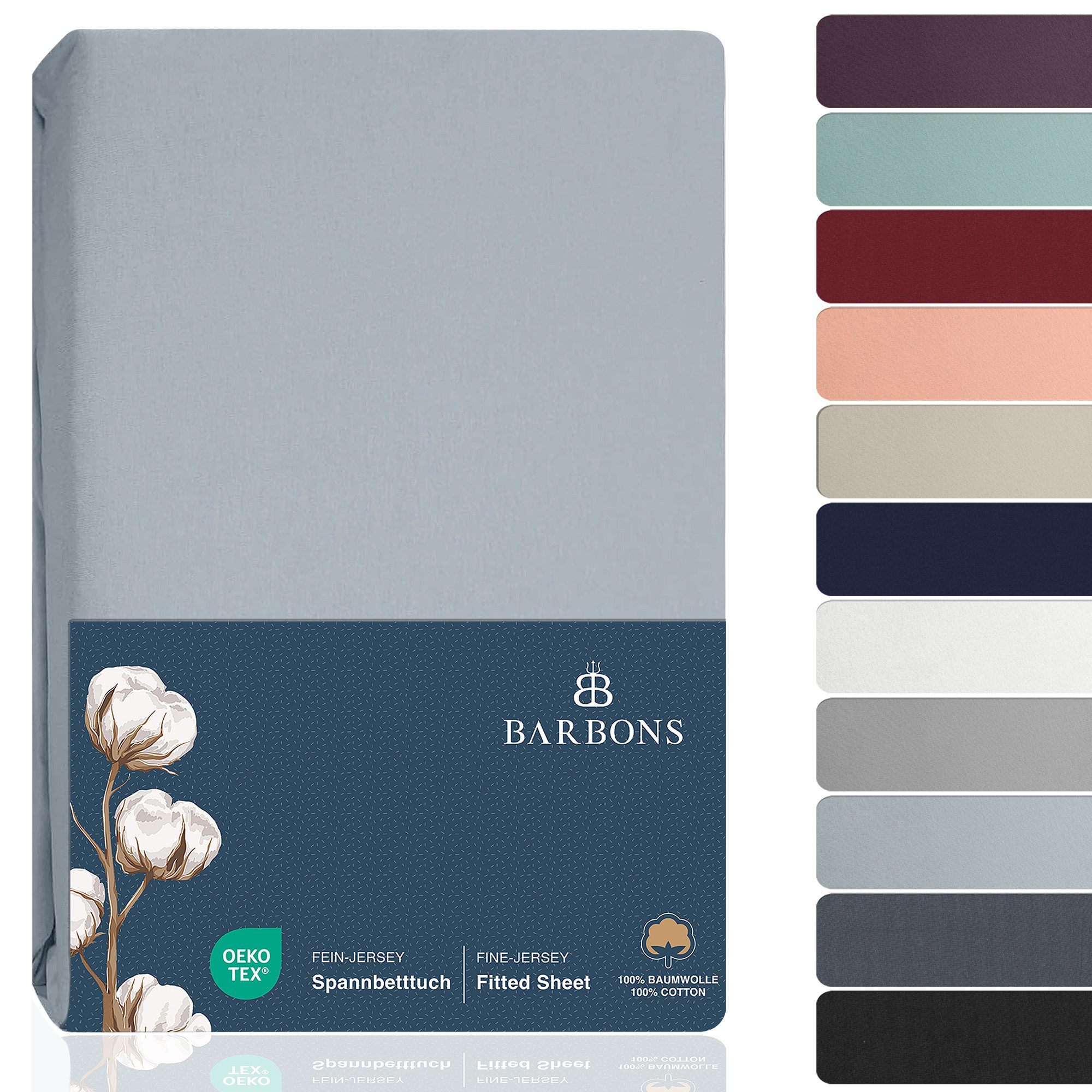BARBONS Натяжные простыни Jersey Bettlaken, 145 g/m² Spannbetttuch, bis zu 25cm Höhe, Topper, 100% Baumwolle, Gummizug: rundum, (1 Stück), Rundumgummi, Atmungsaktiv