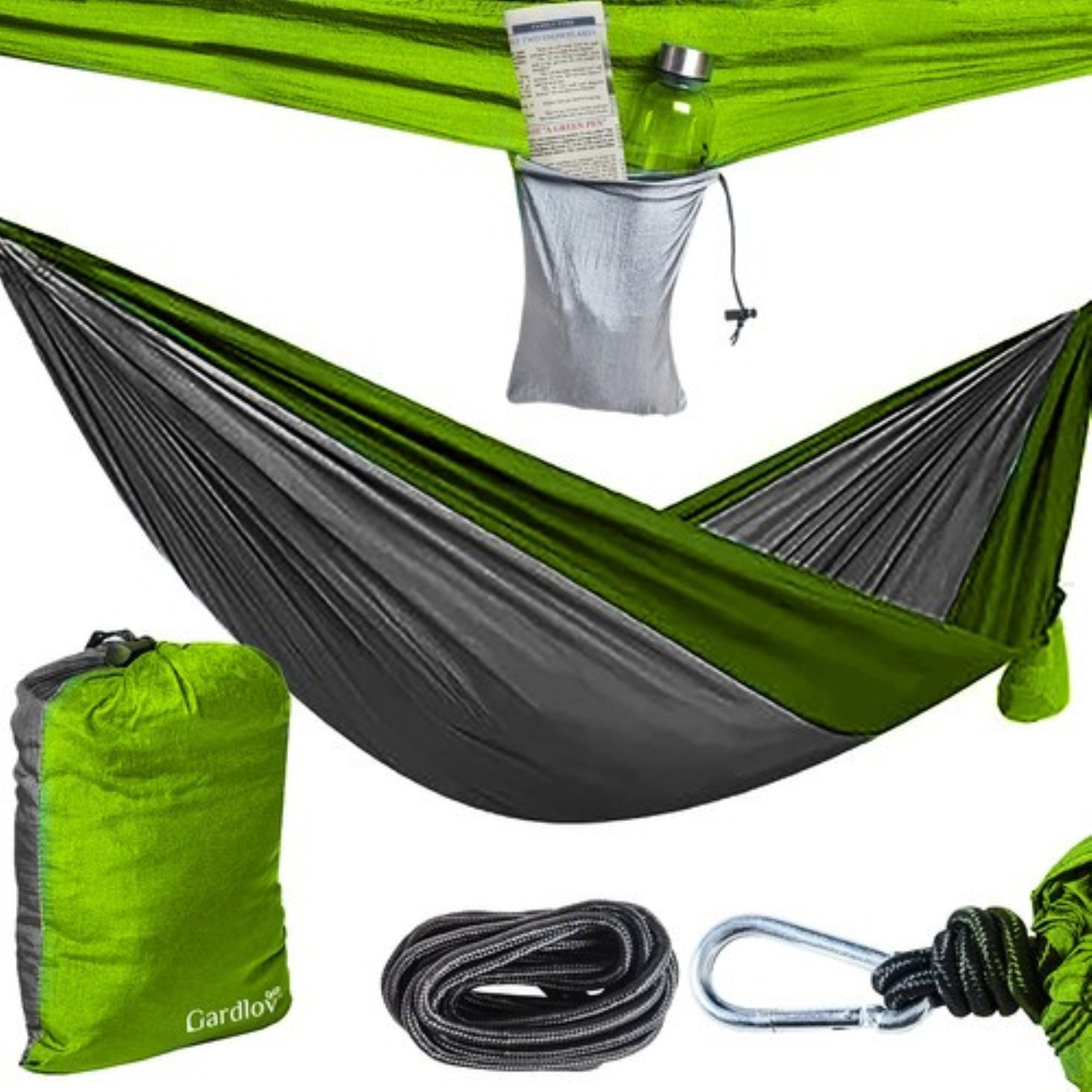 Gardlov Hängematte Santiago Touristenhängematte Nylon 260x140 cm mit Karabinern Seilen (Touristenhängematte für zwei Personen, tragbar und leicht., Inkl. Hängematte, 2 Karabiner, 2 Drahtverstärkte Befestigungsseile), Ultraleicht, kompakt, inkl. Karabiner verstärkten Befestigungsseilen.