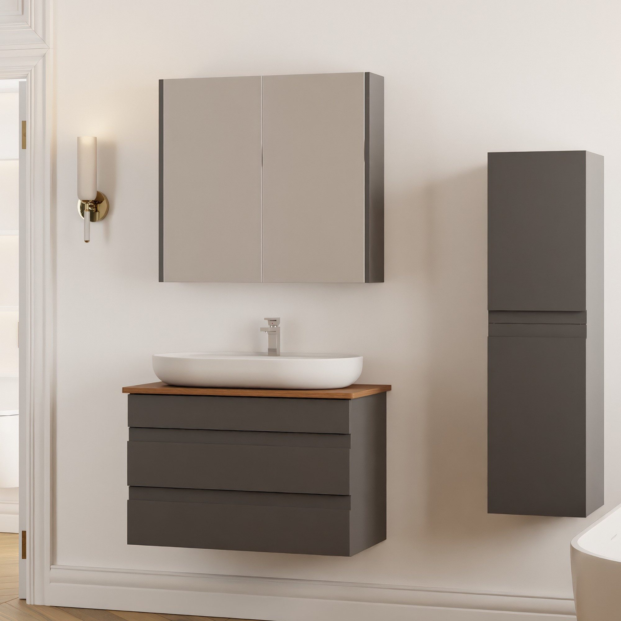 Karen Badmöbel-Set Badmöbel Set Lara Konsole, (Komplett-Set, Standartmäßig 4-Teilig (Unterschrank, Konsole, Waschbecken, Spiegelschrank), 4-St., Unterschrank mit Türen, Spiegelschrank mit Türen & Regalen), Minimalistisches Design, Matt-Beschichtung, Softclose, Griffleisten