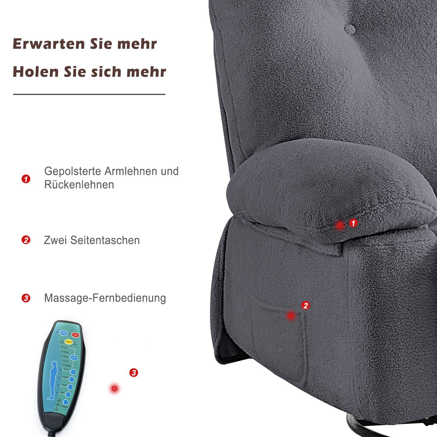 Timer Grau Fernbedienung Relaxsessel (Wohnzimmersessel, Heimkino-Loungesesse), mit 360° mit OKWISH und Drehfunktion TV-Sessel