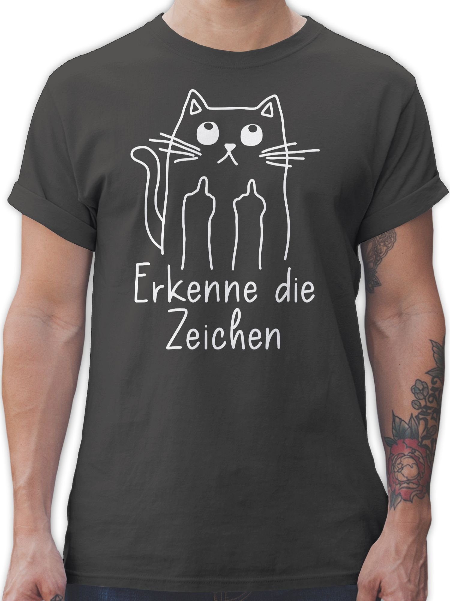 Shirtracer T-Shirt Katzensprüche Lustig Katze Katzenfan Geschenk Erkenne die Zeichen Sprüche Statement mit Spruch 03 Dunkelgrau