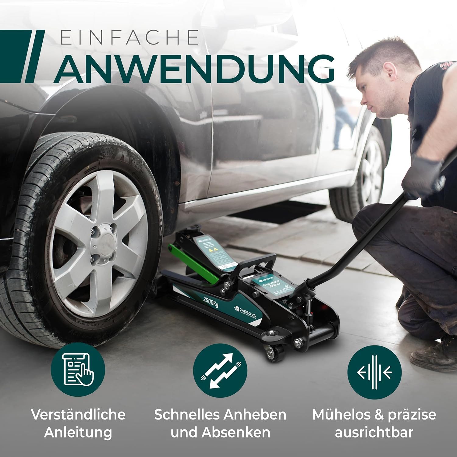 CargoVA® Hydraulic Trolley Jack 2.5T incl. 2 Rubber Pads, TÜV Certified, Max. Lifting Height: 38 cm, Jack Set, Jack Set incl. Rubber Pads, up to 2.5t; TÜV & GS Tested