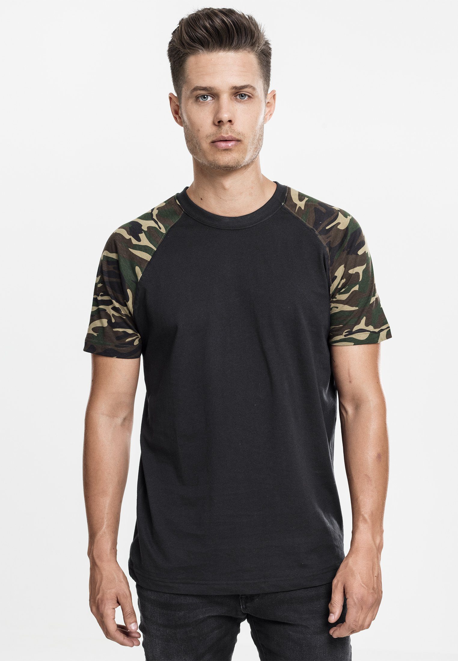 URBAN CLASSICS T-Shirt Herren Raglan Contrast Tee (1-tlg) black/woodcamo