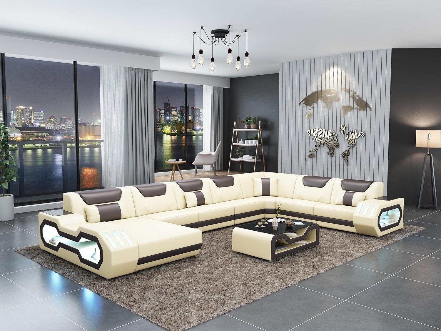 JVmoebel Ecksofa Ledersofa Ecksofa Garnitur Polster U Form Couch Sofa Design, Made in Europe Weiß/Braun