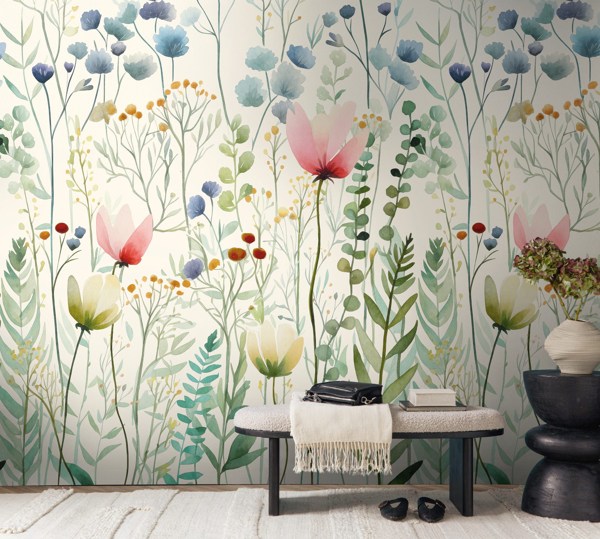 living walls Fototapete The Wall 4 Flowers – Blumenwiese mit Blätterranken Vlies-Fototapete, leicht strukturiert, floral, matt, botanisch, (1 St), Blumenwiese mit Blätterranken – natürlicher Tiefenwirkung