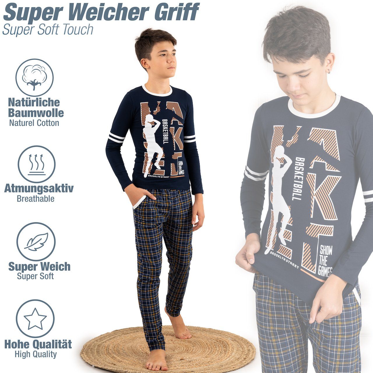 LOREZA Pyjama Jungen Schlafanzug zweiteilig Langarm - Basketball - Mehrfarbig (Set, 2 tlg) – Bild 3 von 5