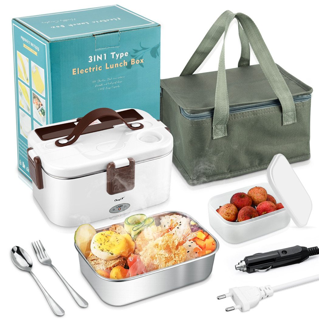 CkeyiN Elektrische Lunchbox 1,8 L Lunchbox 3 in 1 für Zuhause Auto schnelles Erhitzen von Speisen, mit getrennter Fach, Kunststoffbox, Edelstahlgabel
