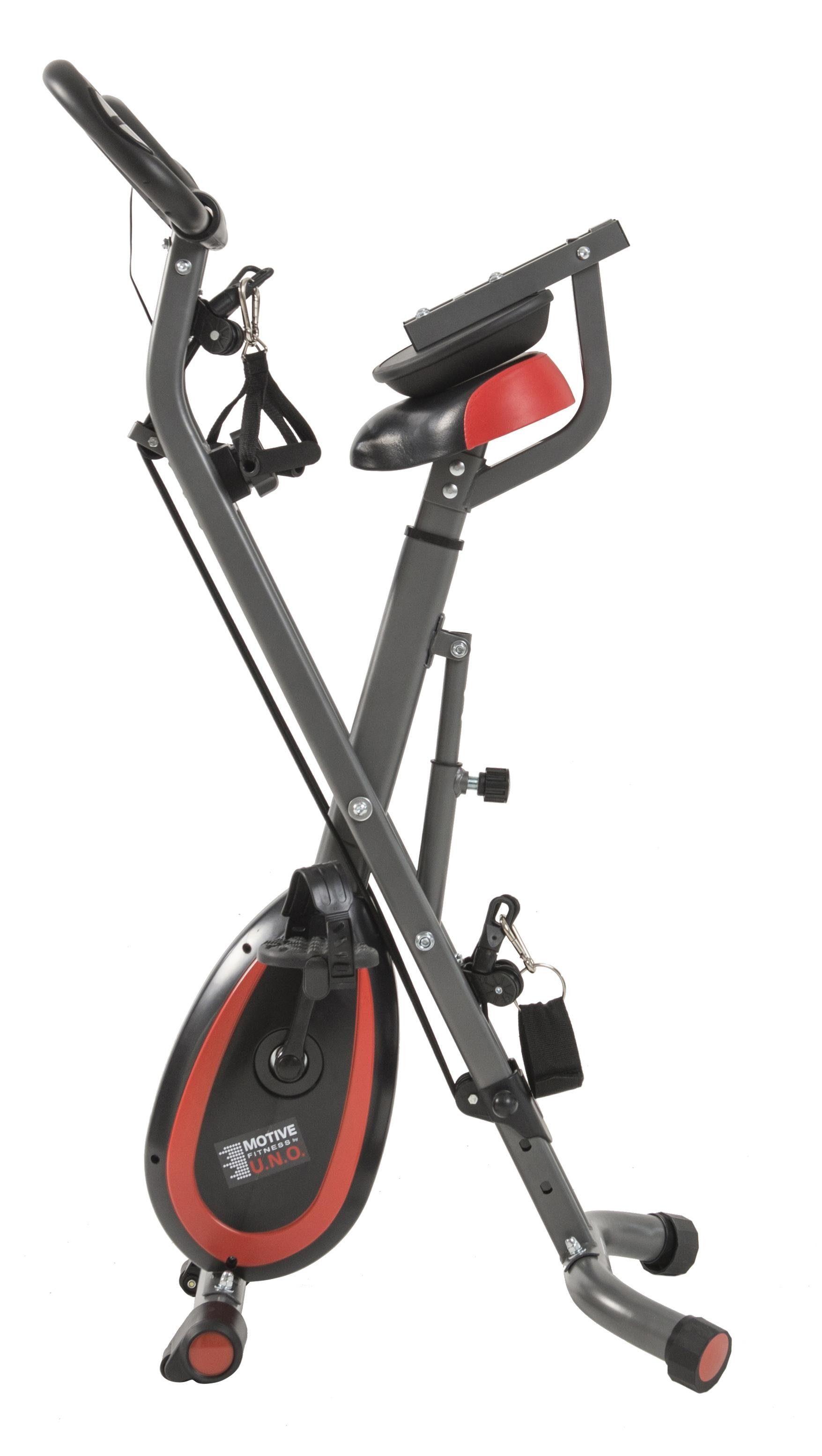 MOTIVE FITNESS by U.N.O. Heimtrainer Multi-Function X-BIKE (mit/ohne Unterlegmatte) (inkl. Seilzug für Arme und Beine), 120 kg max. Benutzergewicht, klappbar, Fahrrad, 8 Widerstandsstufen