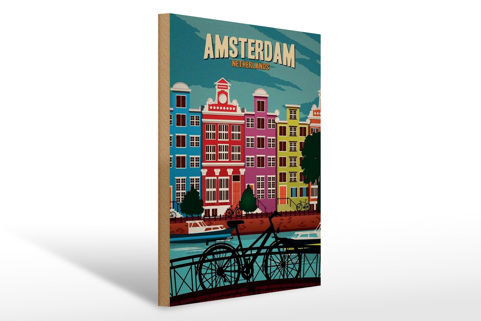 Femer GmbH Holzbild Reise 30x40 cm Amsterdam Niederlande Fahrräder Wasser, (1 St), Glatte Holzfaserplatte (MDF), vorn beschichtet