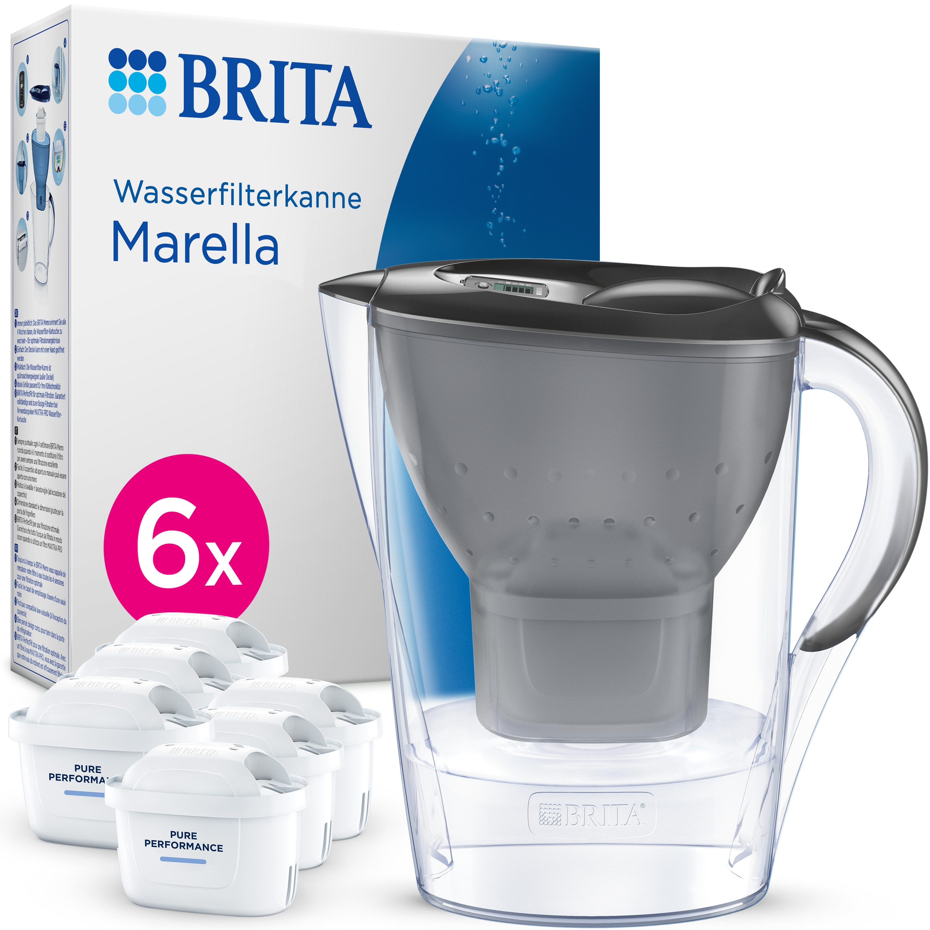 BRITA Wasserfilter Kanne MAXTRA Marella graphit inkl. 6x Pure Performance Kartusche, Passt in Kühlschrank, Filterwechselanzeige, reduziert PFAS, Kalk etc.
