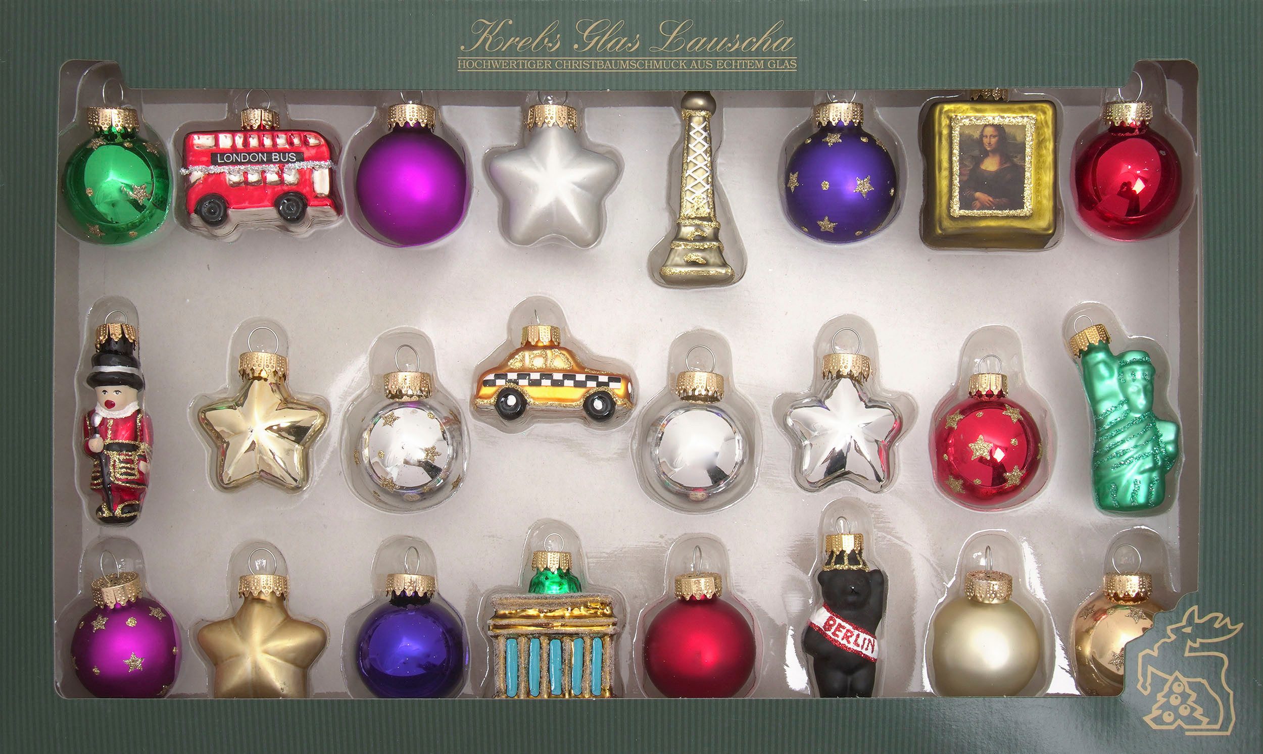 Krebs Glas Lauscha Christbaumschmuck Mini-Figuren 24 Tage um die Welt (24-tlg), Christbaumschmuck aus Glas, mundgeblasen, handgefertigt, mini, Figuren