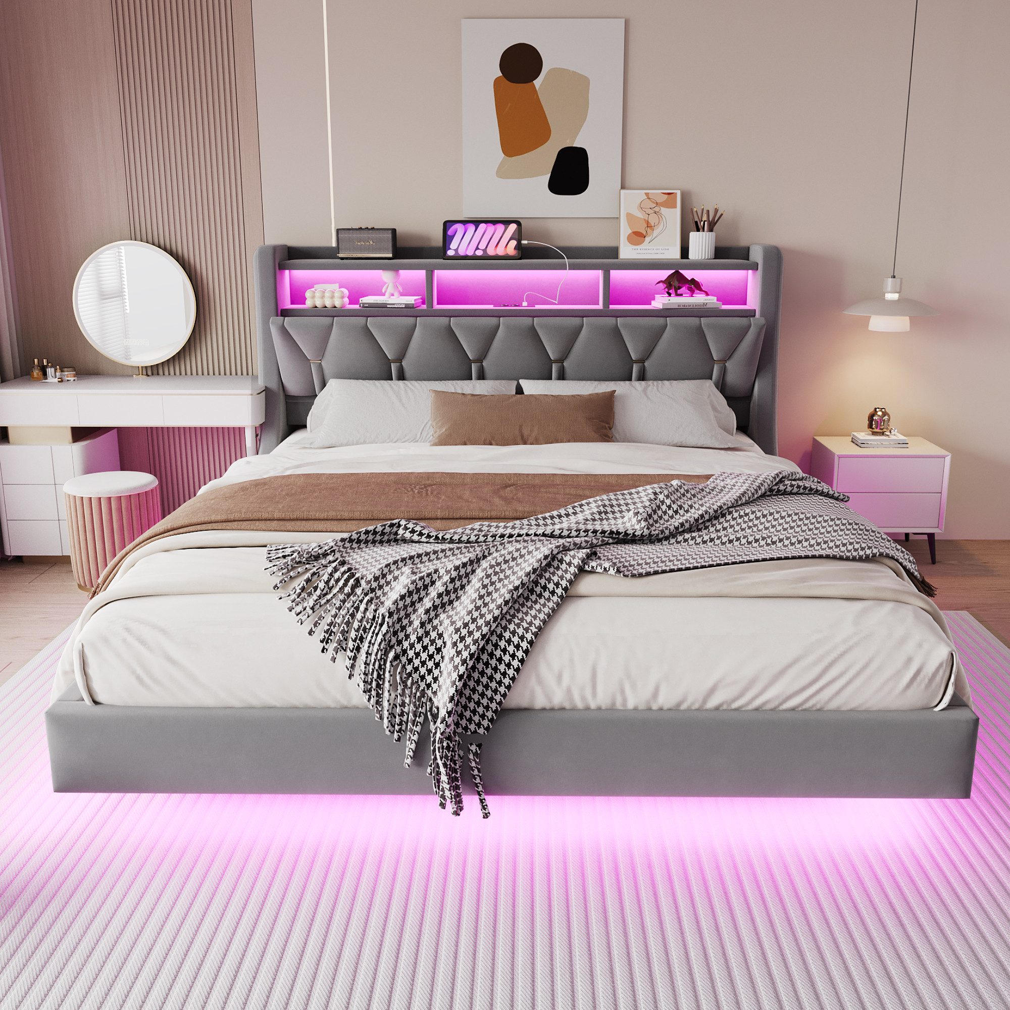 Merax Polsterbett mit LED-Beleuchtung inkl.App (Stauraumbett günstig online kaufen