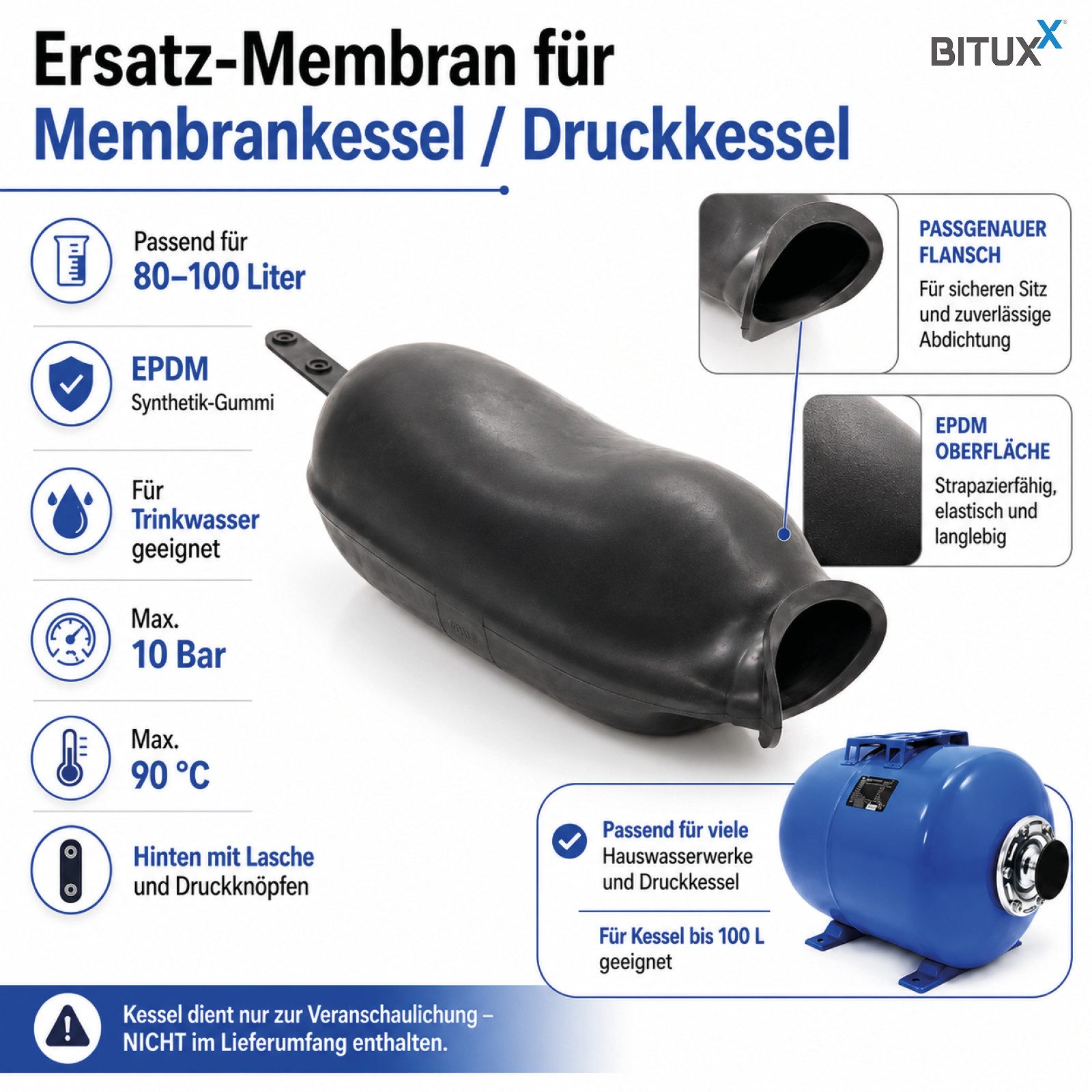 Bituxx Membran-Druckbehälter Ersatz Membran 80 - 100 L, 100 l, 10 bar