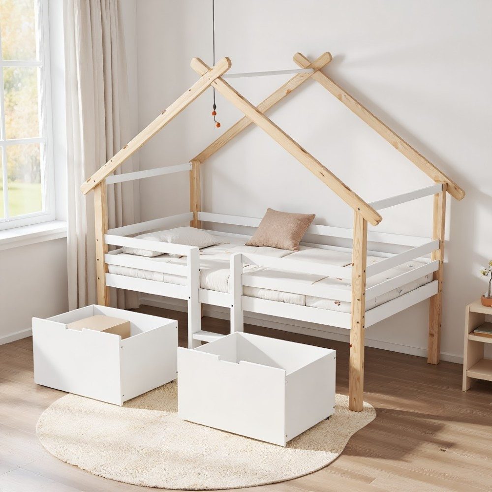 MODFU Kinderbett Funktionsbett mit Dach, Halbhohes Hausbett mit vierseitigem Zaun (Einzelbett mit Treppe, 2 Schließfächer mit Rädern, Holzbett 90x200cm), ohne Matratze