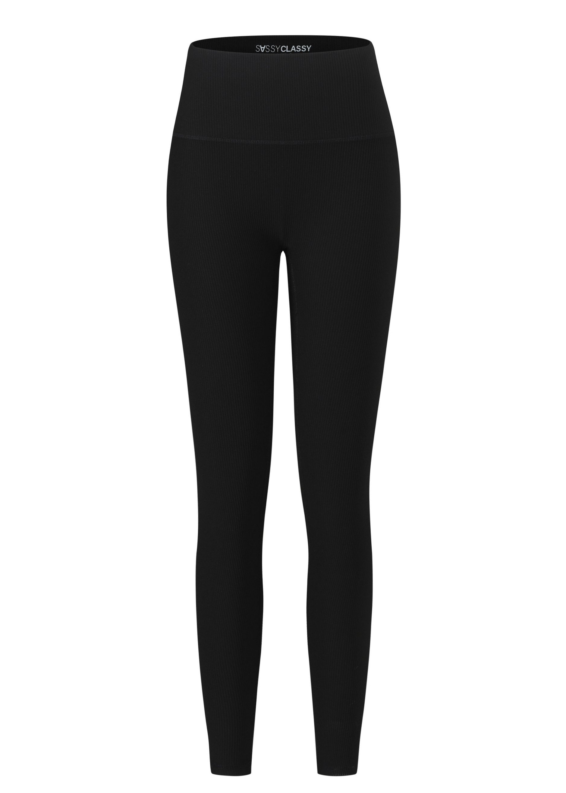 SASSYCLASSY Leggings Gerippte High Waist Sportleggings Damen Schwarz Schmeichelnde Skinny Leggings aus elastischem Material in Rippstruktur