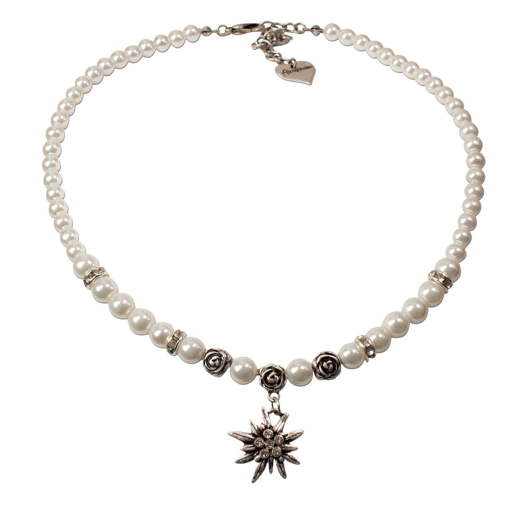 Alpenflüstern Ketten-Set Trachtenschmuck-Set Perlen-Trachtenkette und Trachten-Ohrhänger Strass-Edelweiß (creme-weiß), - Damen-Trachten-Schmuck, Trachtenset Dirndl-Kette und Trachten-Ohrringe