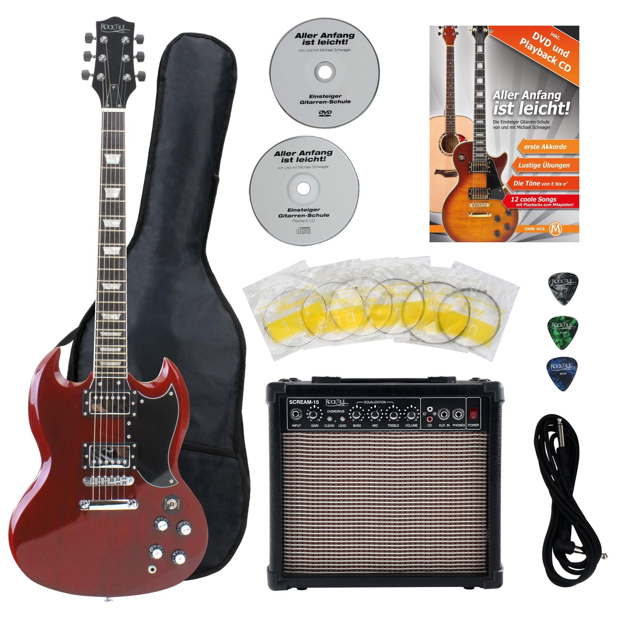 Rocktile E-Gitarre Pro S-Red elektrische Gitarre Cherry, Double Cut,  Starter-Set, inkl. Amp, Gigbag, Kabel, Plektren, Schule & Saiten