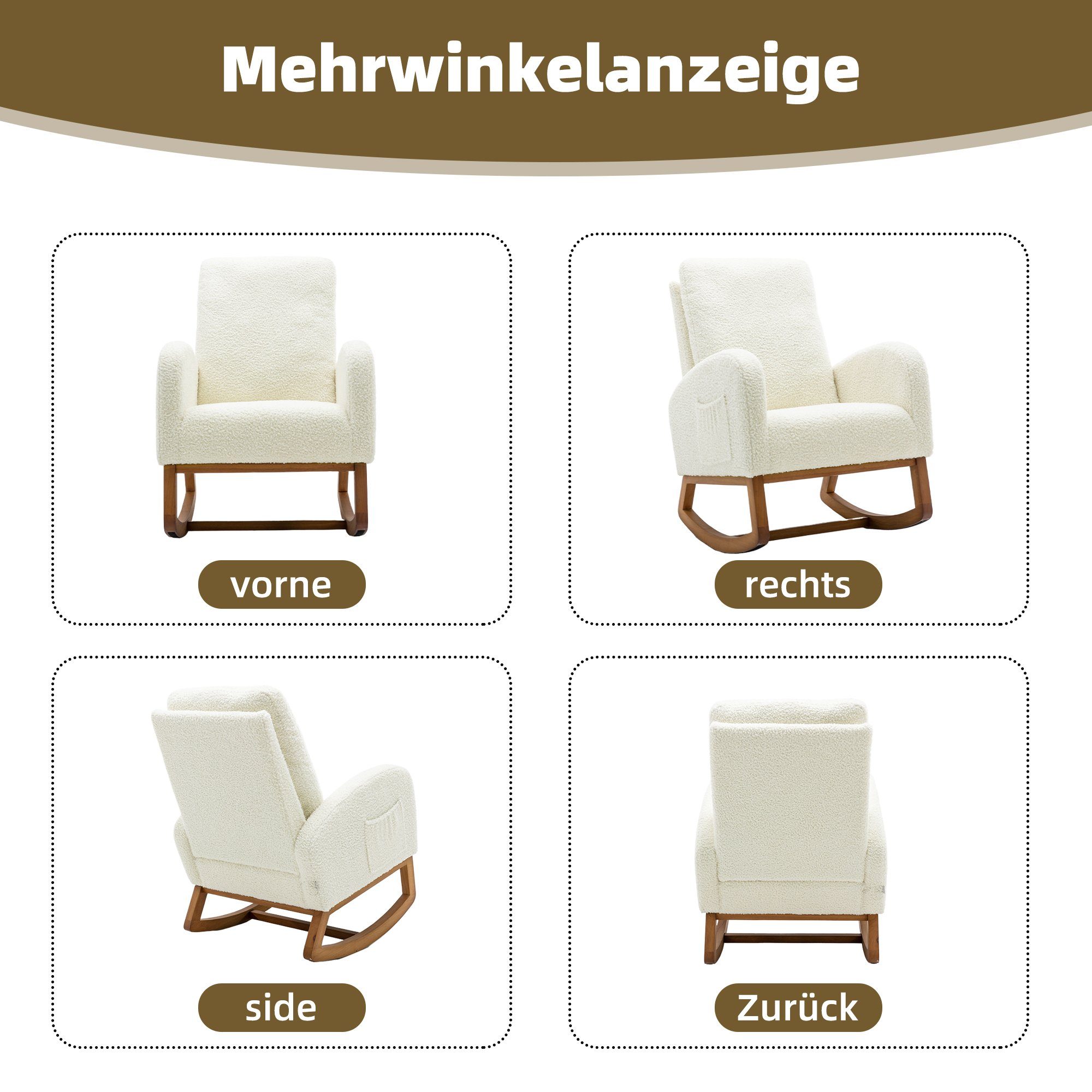 OKWISH Polsterstuhl Schaukelstuhl Wohnzimmerstuhl Relax weiß Sessel hoher Seitentaschen, Stuhl Schaukelstuhl und Baby- mit Kindergepolsterter Rückenlehne), (mit