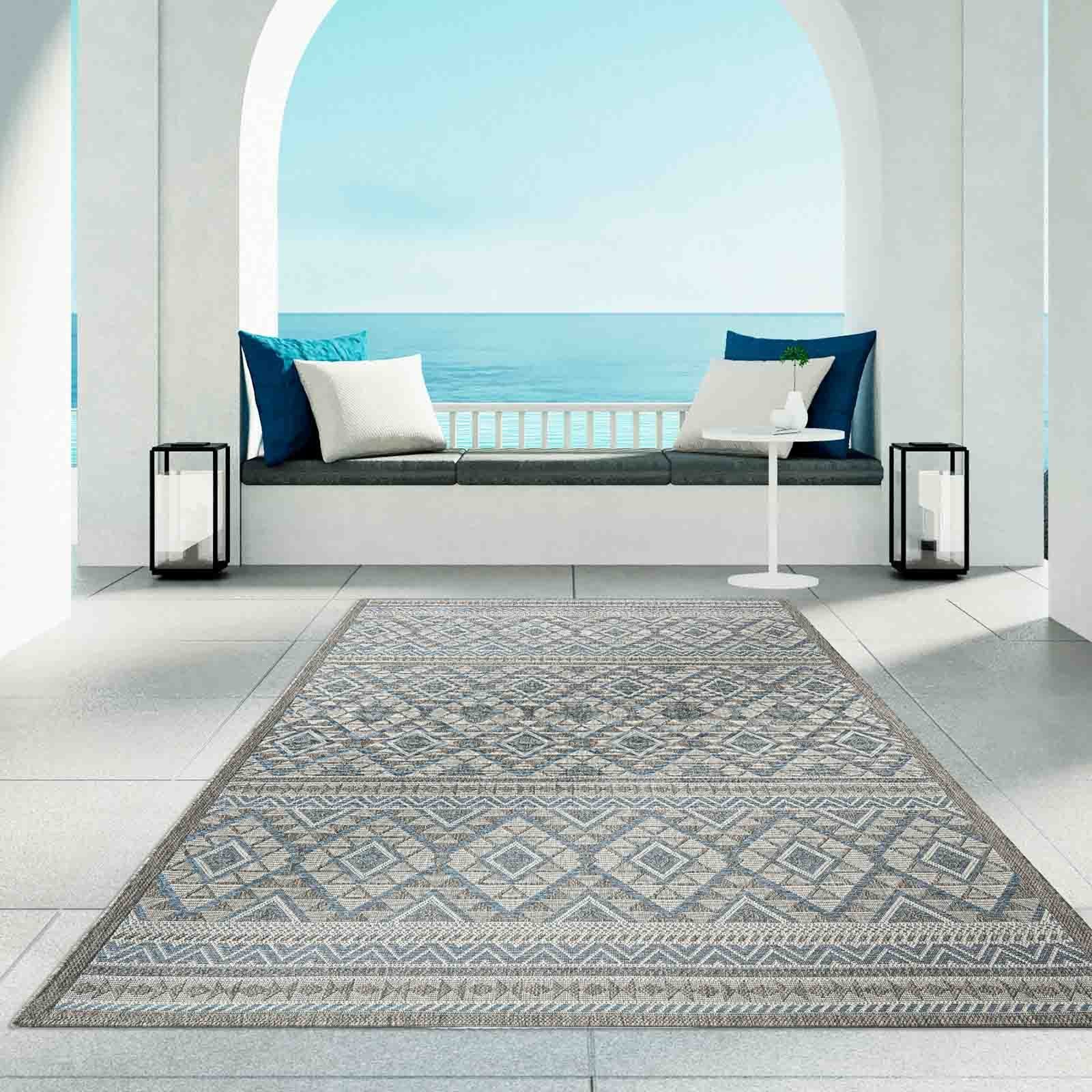 TaraCarpet Teppich Regina Teppich aus robustem Flachgewebe für In und Outdoor, rund, Höhe: 7 mm, Küche Wohnzimmer Terrasse Garten Balkon Indio blau 120X120