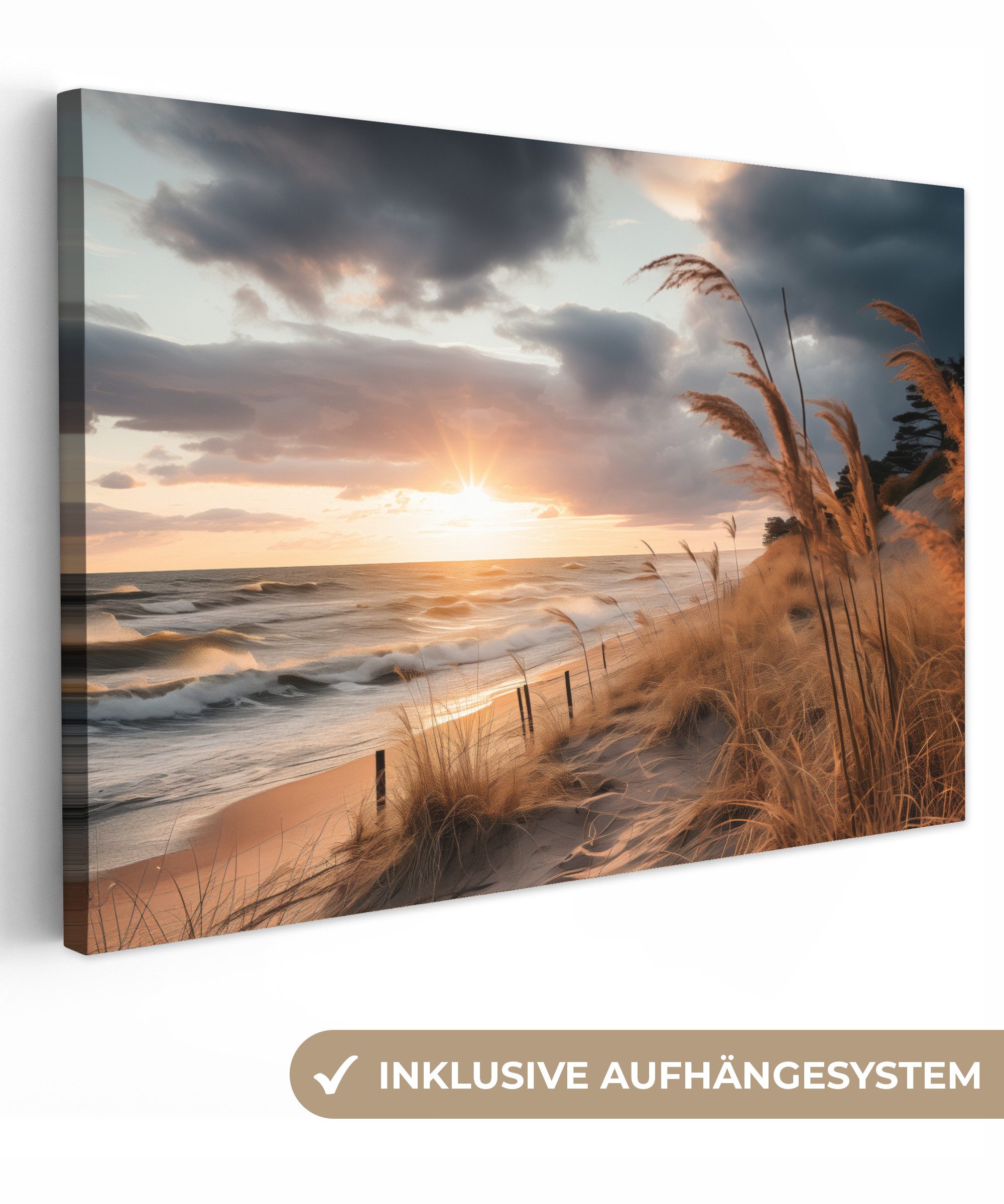 OneMillionCanvasses® Leinwandbild Strand - Dünen - Meer - Sand - Hochgras, Fotodruck (1 St), Leinwand Bilder Klein, Wand Dekoration Aesthetic 30x20 cm