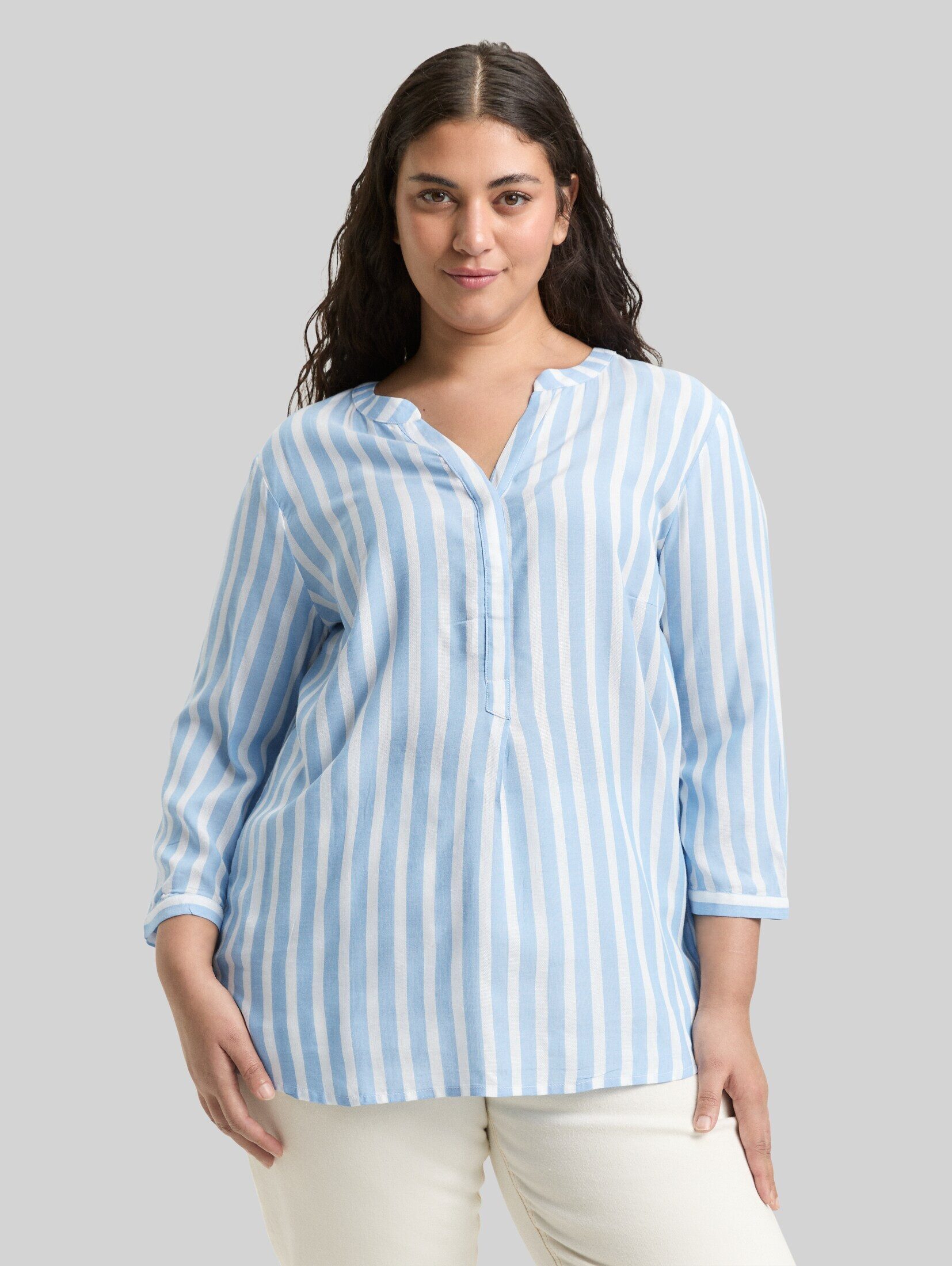TOM TAILOR PLUS Langarmbluse Blusen & Shirts Plus Size - Henleybluse mit Streifenmuster