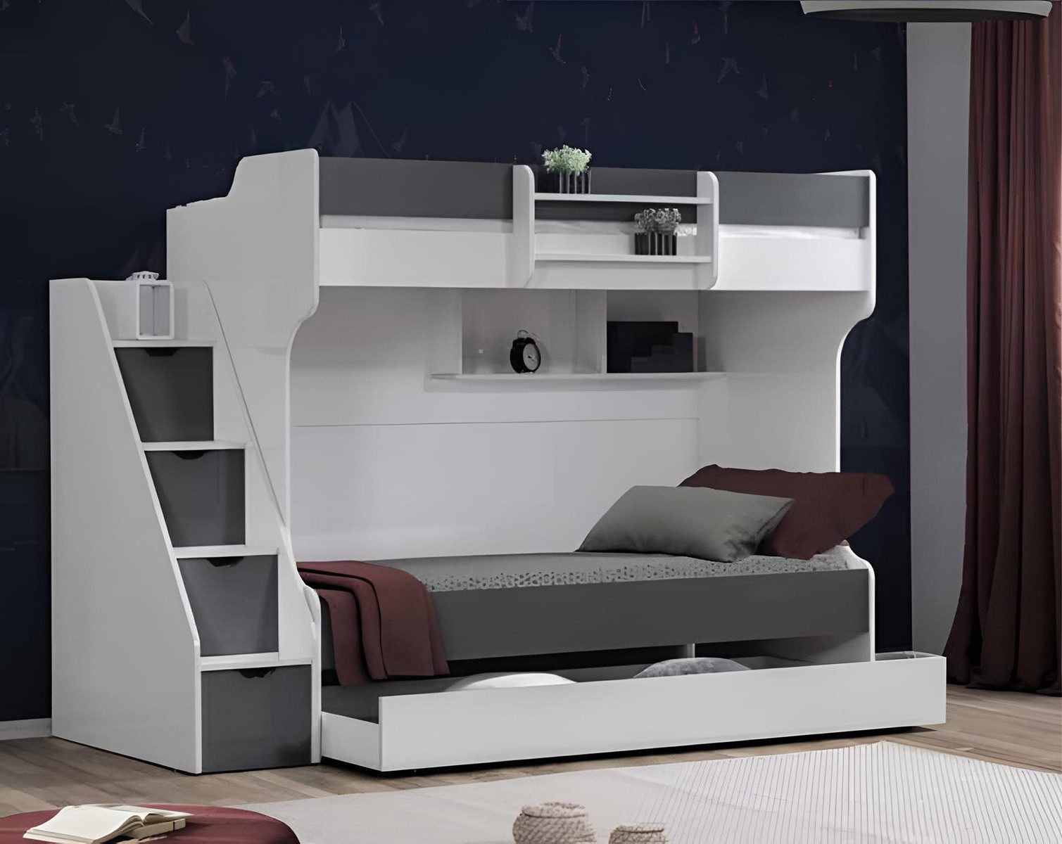 Xlmoebel Etagenbett Weißes Kinder-Etagenbett mit Stauraum und Regalen aus Holz (Etagenbett, Etagenbett mit Stauraum), Made in Europa