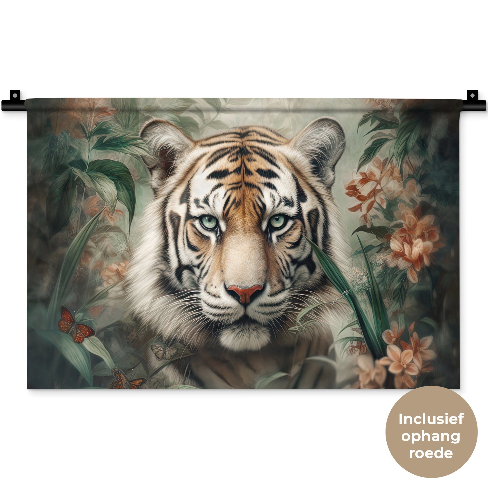MuchoWow Wanddekoobjekt Tiger - Schmetterlinge - Tiere - Dschungel - Blumen, Wanddeko für Wohnzimmer, Schlafzimmer, Kleid, Wandbehang, Kinderzimmer