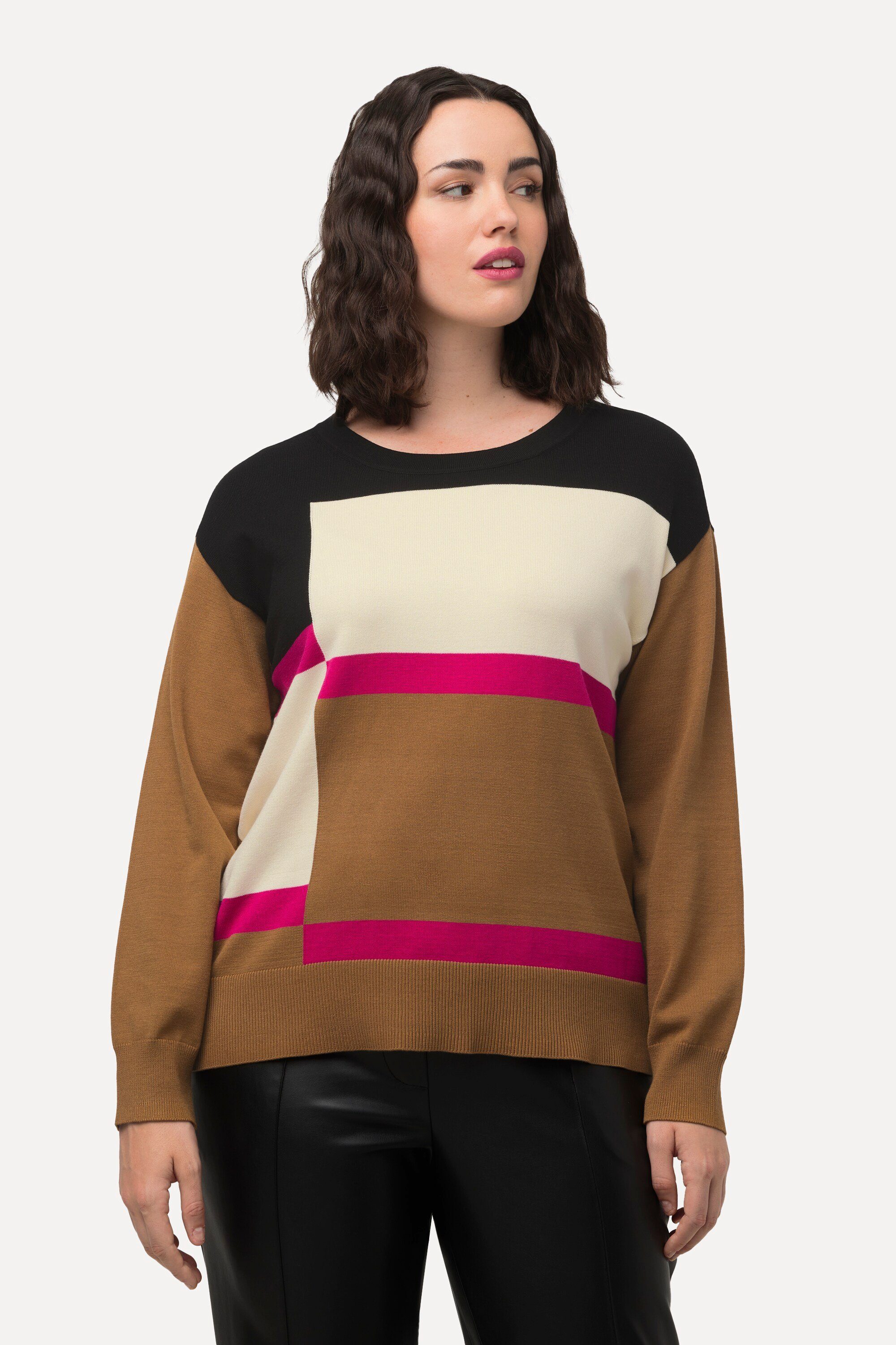 Ulla Popken Strickpullover Rundhals 3/4-Arm Colorblocking Oversized Pullover