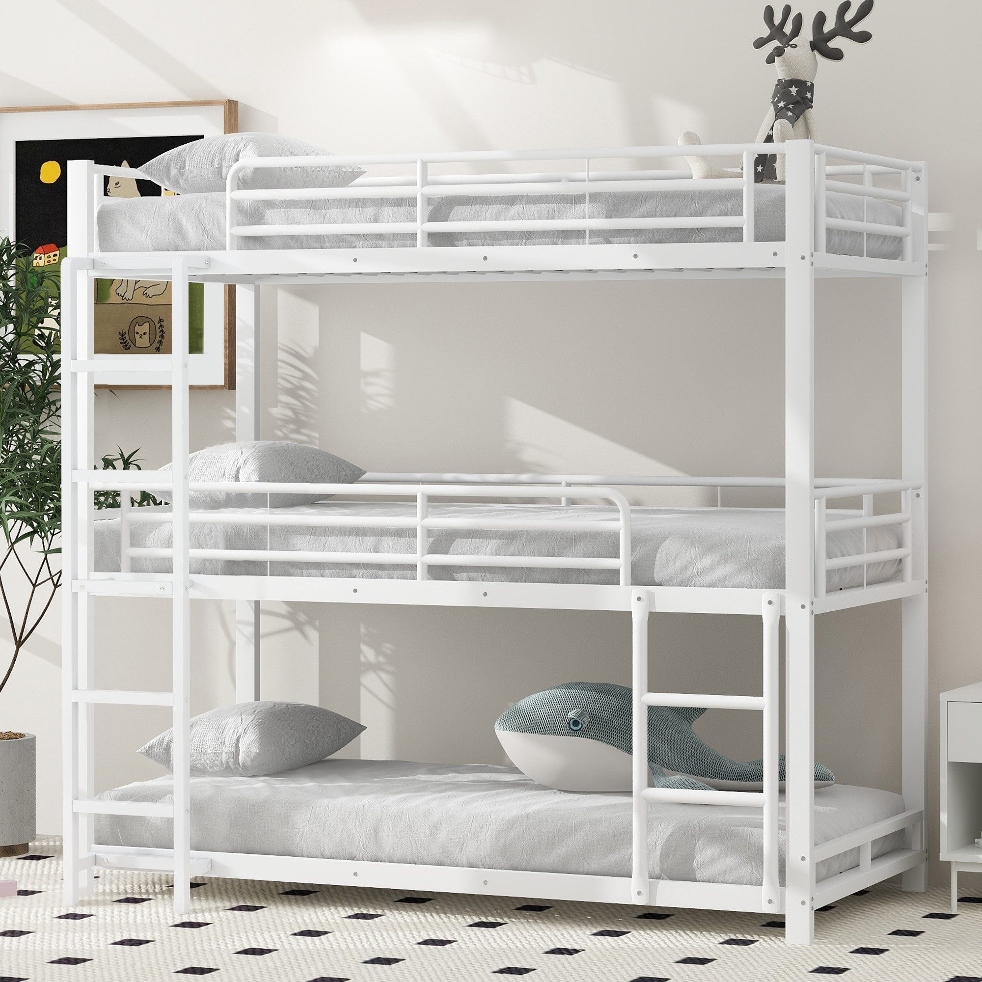 Merax Etagenbett Hochbett Dreifach-Kinderbett aus Stahl, Jugendbett Metallbett 90x200cm mit 3 Liegeflächen, Leiter & Geländer