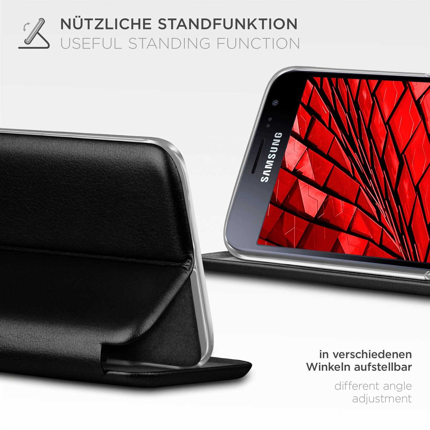 ONEFLOW Handyhülle für Samsung Galaxy J3 (2016) Premium Hülle Business Cover Schwarz 5 Zoll, 360 Grad Schutzhülle Flip Case Etui Klapphülle Dünn Leder Handy Tasche