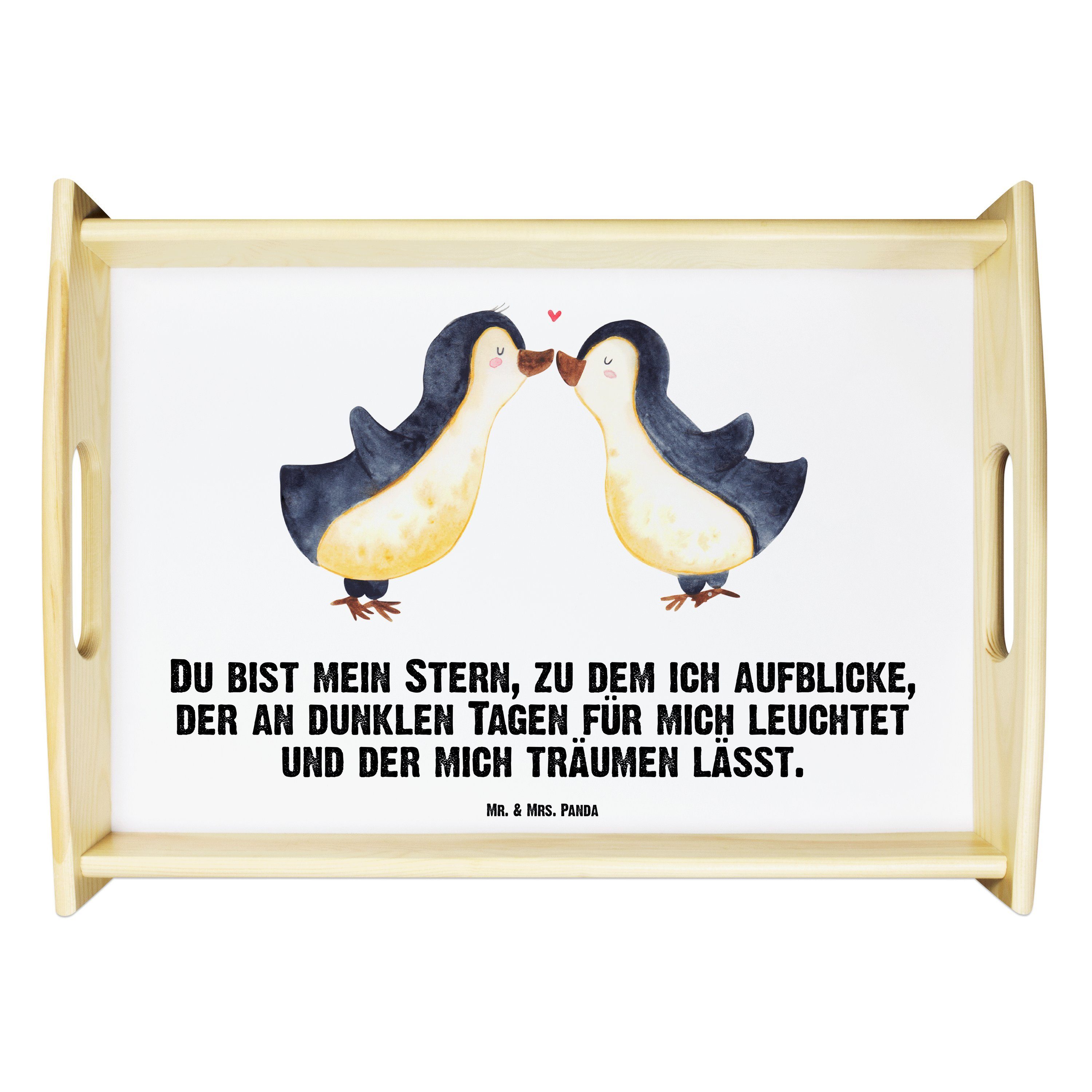 Mr. & Mrs. Panda Tablett Pinguin Liebe - Weiß - Geschenk, Hochzeitstag, große Liebe, Frühstück, Echtholz lasiert, (1-tlg), Strahlender Aufdruck