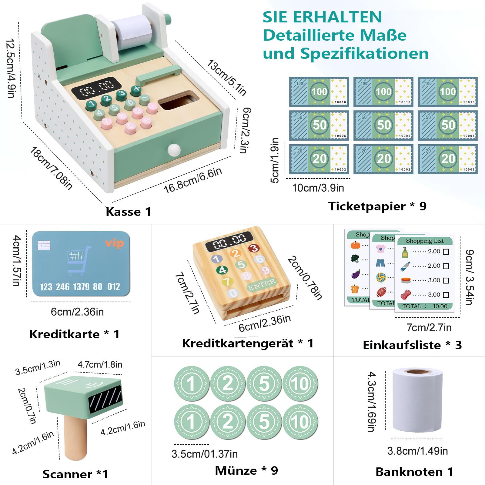 CLTYQ Spielkasse Spielkasse Holz-Kassenset,Montessori,Spielgeld Kartenlesegerät, Kaufladen Zubehör, Spielzeug Kasse Kinderab 3 Jahr