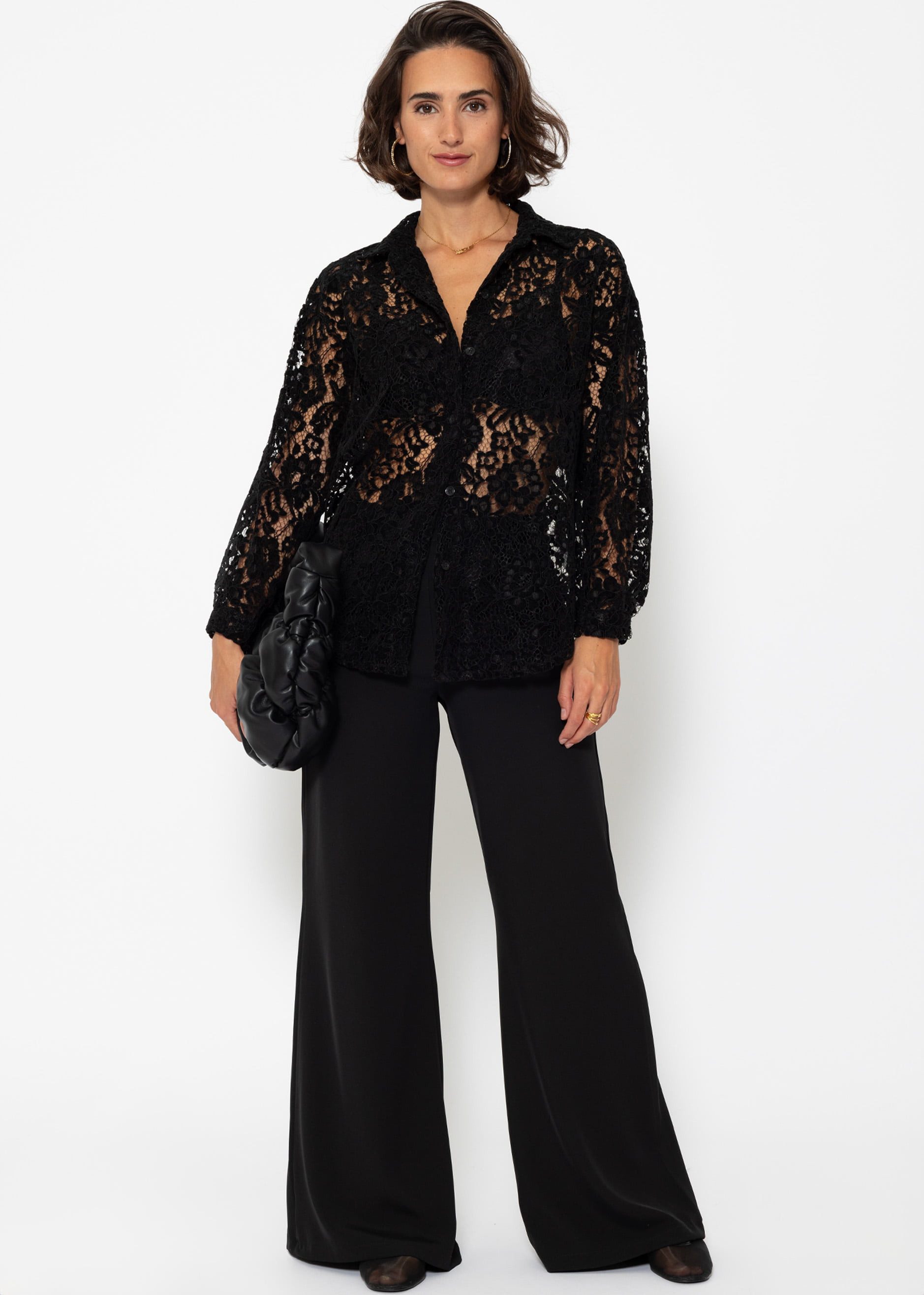 Langarmbluse Transparente Langarm Bluse Damen mit Spitzenmuster