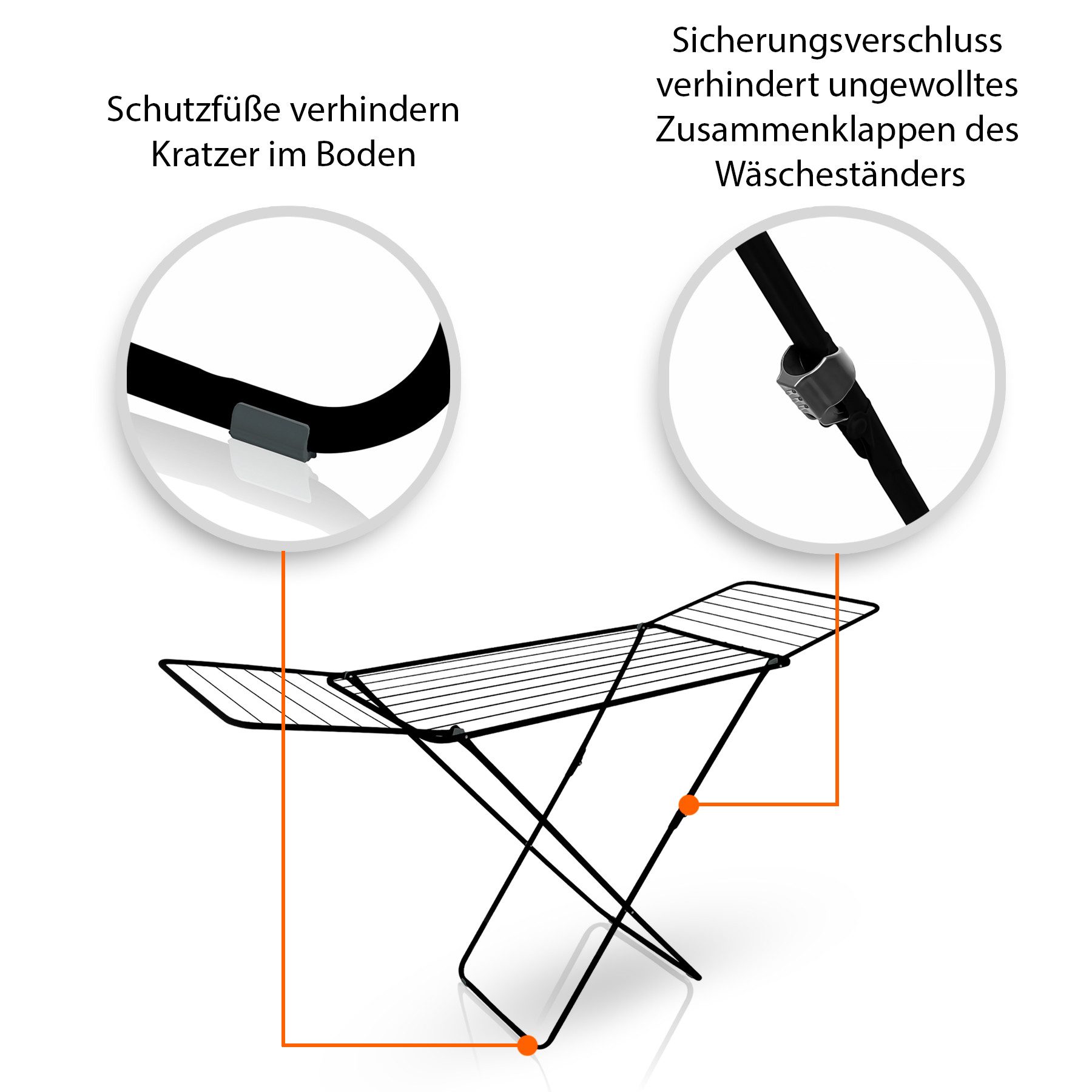 BigDean Wäscheständer Wäschetrockner Schwarz zusammenklappbar 18m Trockenlänge, Cross-Stand, X-Bein Konstruktion für stabilen Stand. – Bild 2 von 5