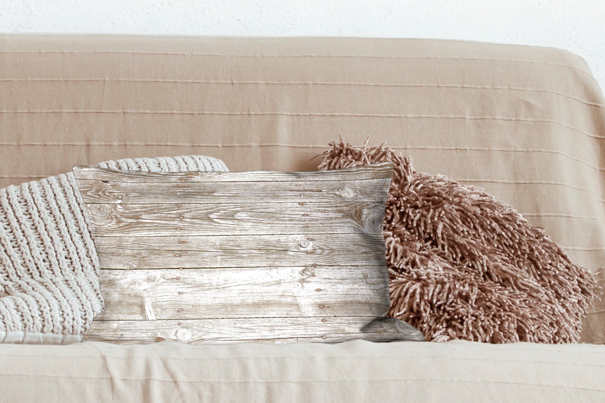 Eine Dekokissen MuchoWow Füllung, mit Dekokissen Zierkissen, Dekoration, helle als Schlafzimmer Wohzimmer Holzwand Hintergrund,