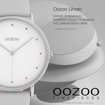 OOZOO Quarzuhr Oozoo Damen Armbanduhr silbergrau Analog, (Analoguhr), Damenuhr rund, groß (ca. 40mm), Lederarmband silber, grau, Elegant