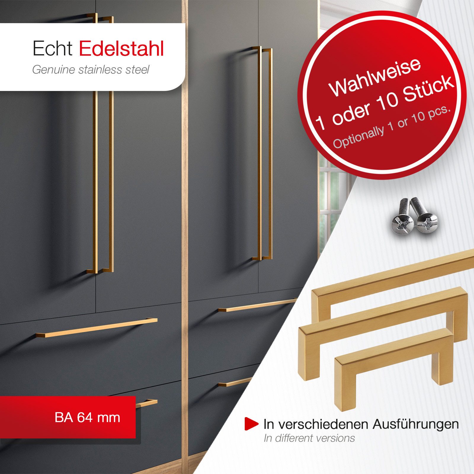 SO-TECH® Möbelgriff Stangengriff E8, aus echt Edelstahl, Profil eckig 10x10 mm (1-St), goldfarbig, Bohrlochabstand 64 mm, mit Schrauben