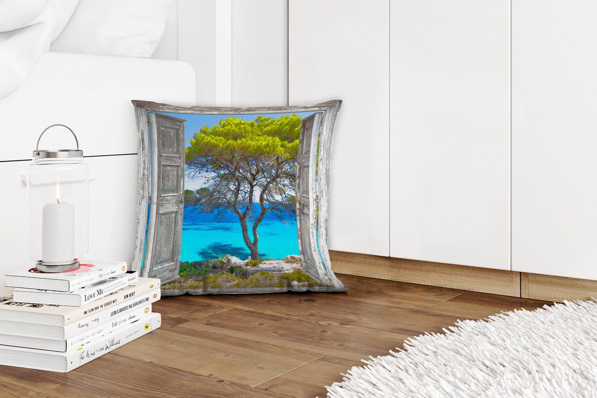 Dekokissen Strand, Schlafzimmer, - Baum mit Wohzimmer, - MuchoWow Meer Blick Sofakissen - Füllung für Tropisch Zierkissen Deko, -